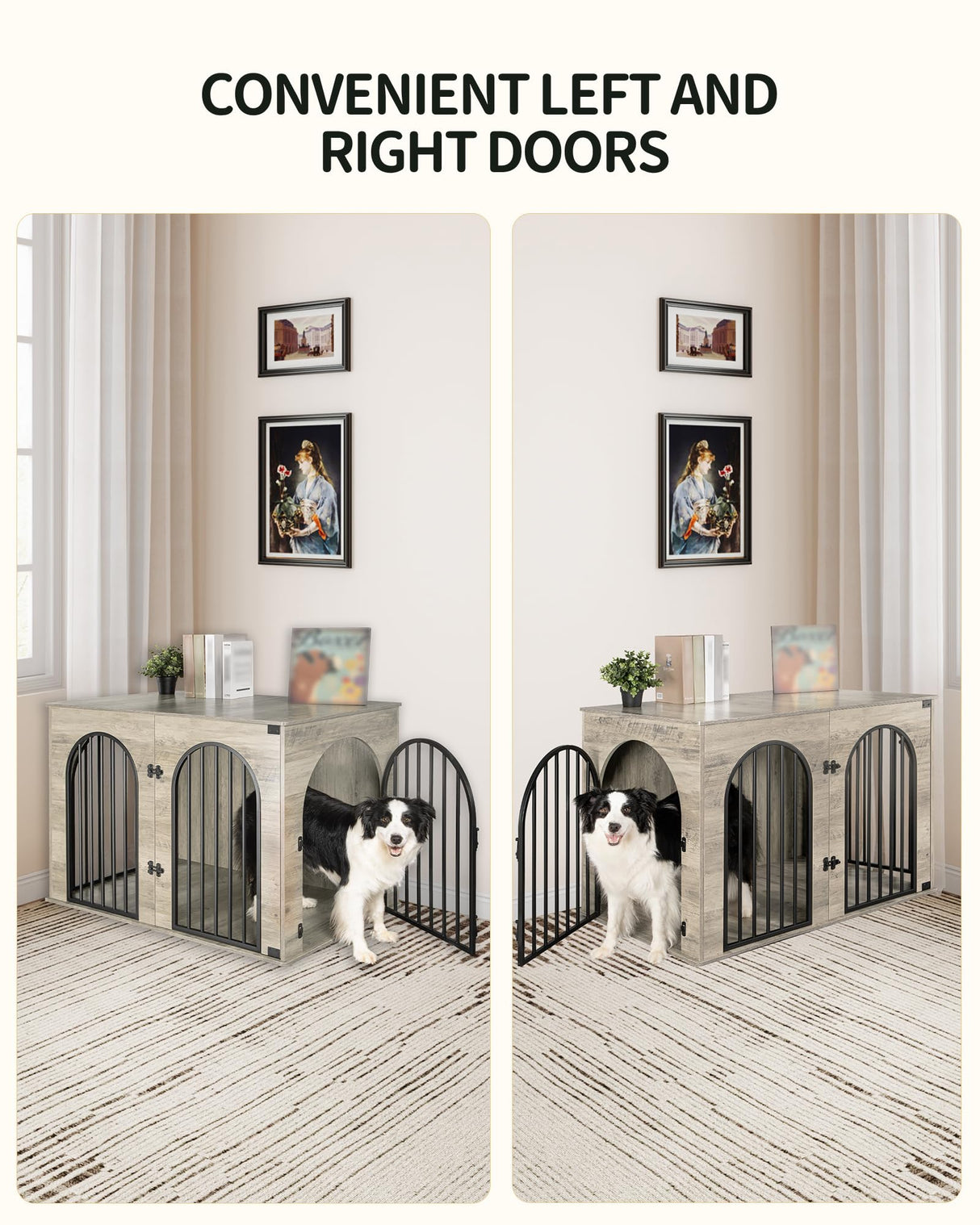 Hzuaneri 44.1" Dog Crate Furniture, Dog Kennel Indoor Arched Door Design, Wooden Dog Crate Furniture for Small/Medium/Large Dog, Side Table, TV Stand, Anti-Chew, Anti-Escape, Greige Black Hzuaneri