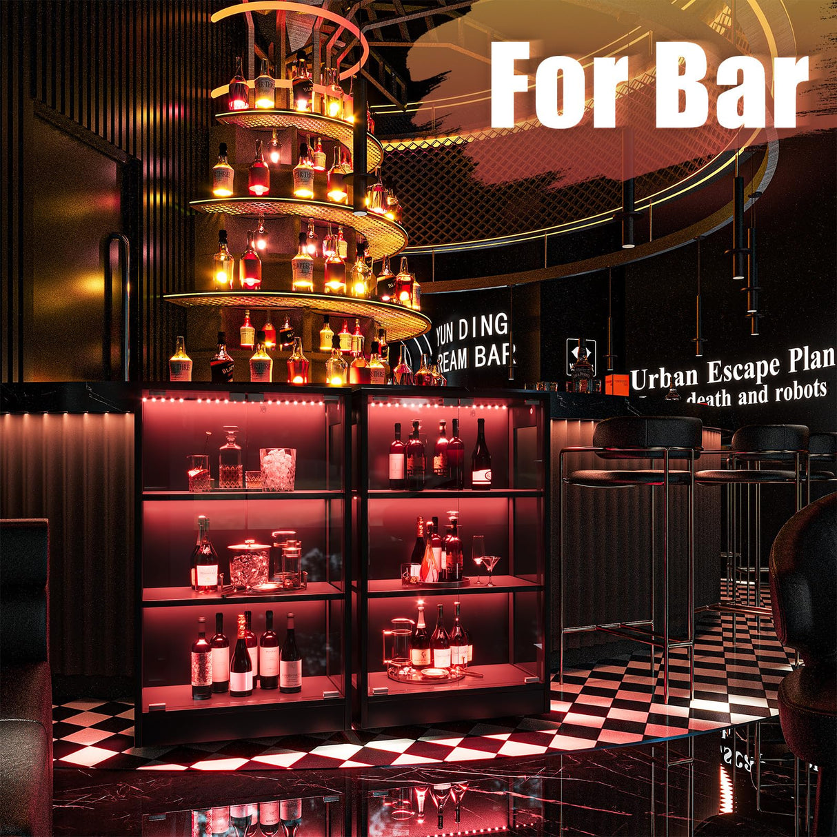 Airynee Display Cabinet with Glass Doors 3-Tier, 7 Vibrant Colors 3 Dynamic Lighting Modes HD Glass Storage Cabinet with Human Body Sensor(Black) Airynee