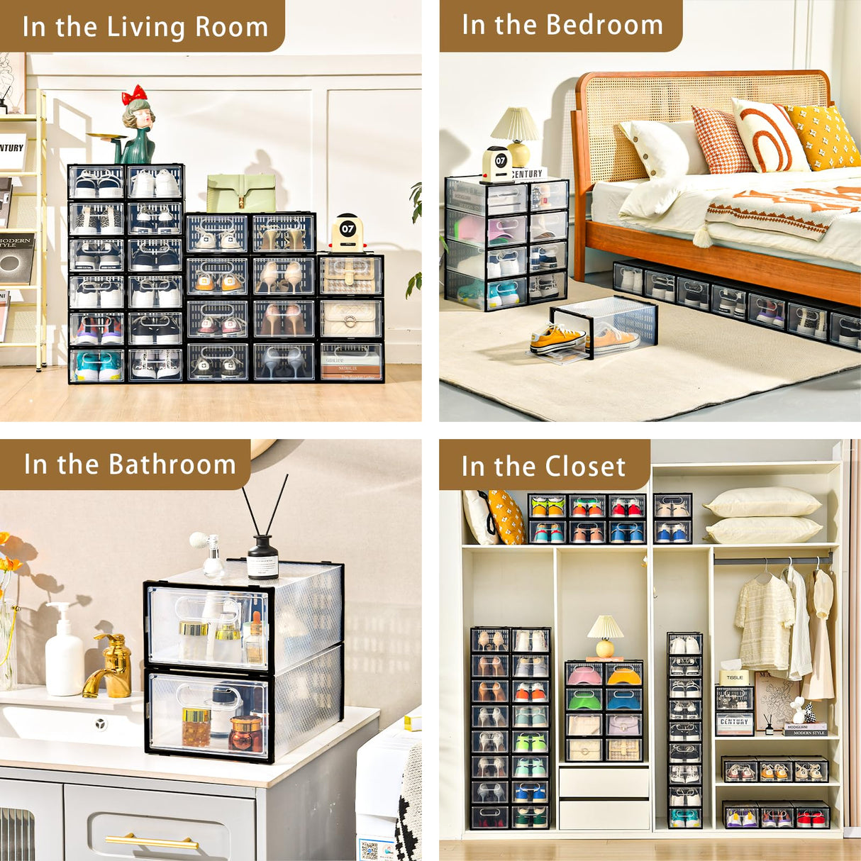 Clemate 15 Pack Shoe Storage Boxes, Clear Plastic Stackable Shoe Organizer for Closet, Shoe Box with Magnetic Door, Foldable Shoe Storage Bin, Sneaker Storage Box Shoe Rack Container Holder, Size 11 Clemate