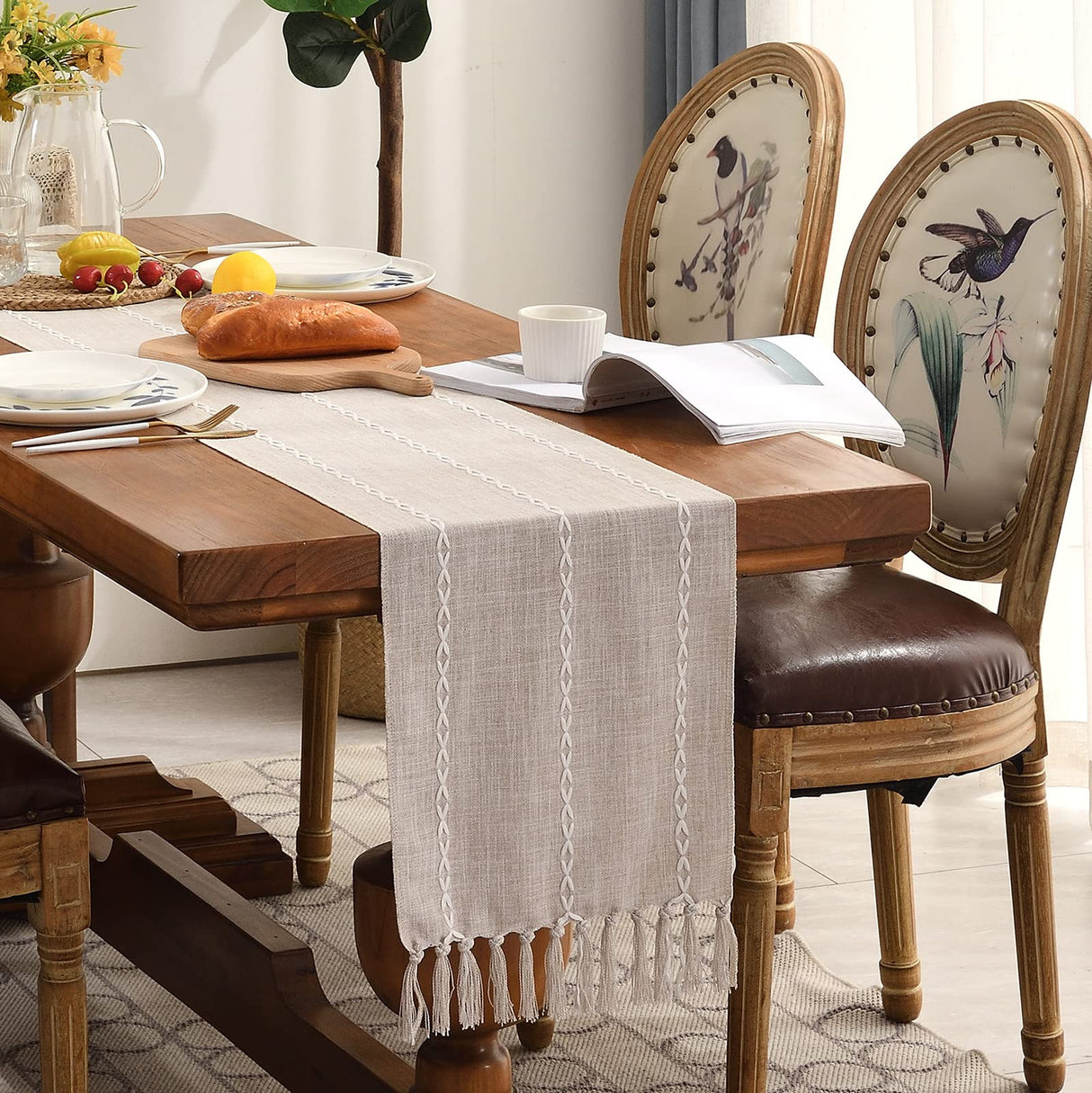 Wracra Rustic Linen Table Runner Farmhouse Style Table Runners 72 inches Long Embroidered Fall Table Runner with Hand-Tassels for Party, Dresser and Dining Room Decorations(Light Coffee, 13"×72") Wracra