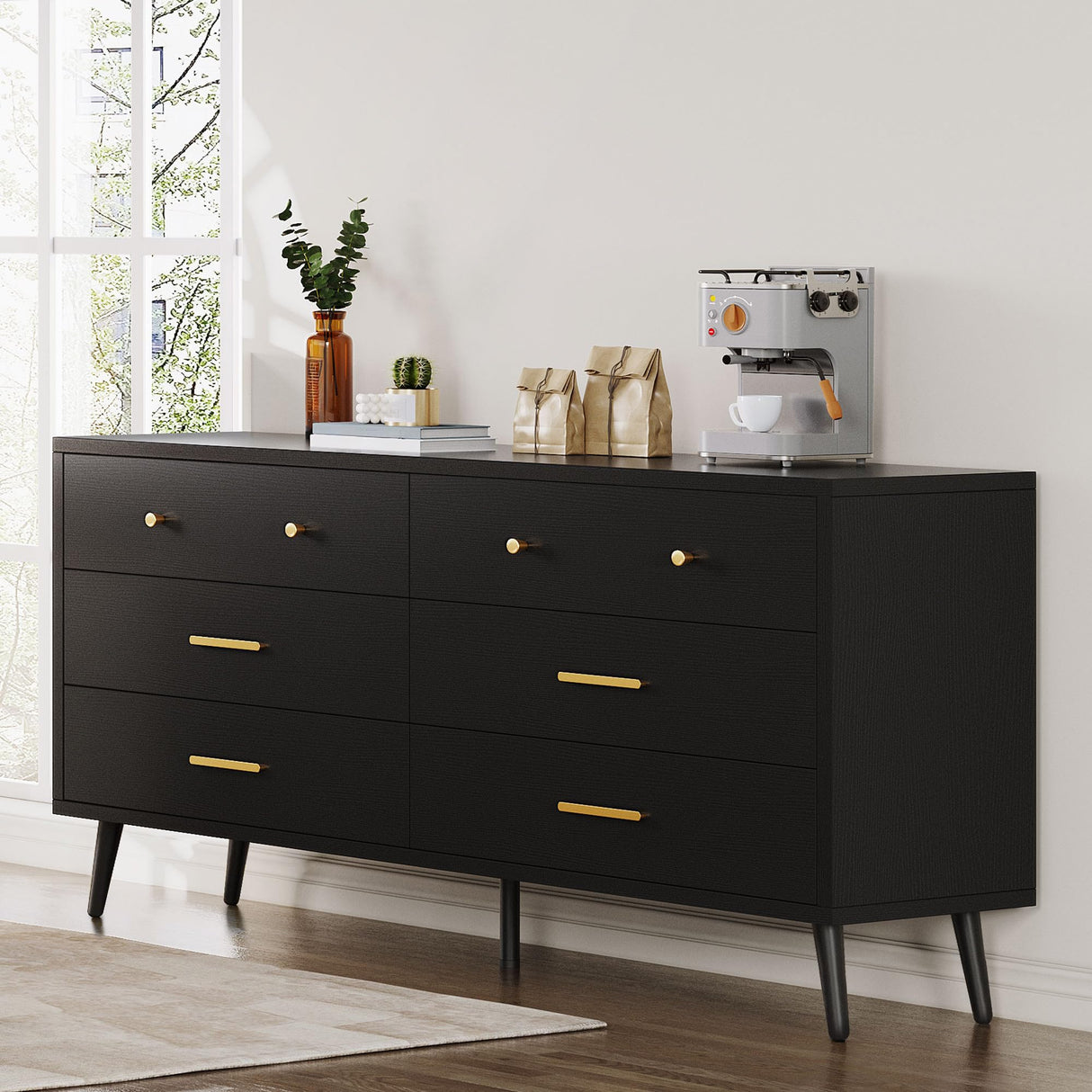 DWVO White 6 Drawers Dresser/Modern Wood Dresser Chest of Drawers with Black Metal Handle&Anti-Tipping Device/Modern Double Drawer Storage Cabinet for Entryway/Living Room-15.7" Dx55.1 Wx31.1 H DWVO