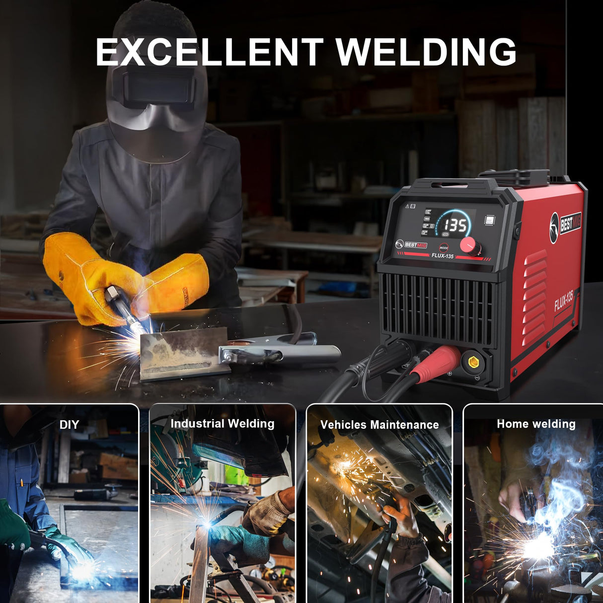 BESTMIG 135A Welder 3-in-1 Welding Machine Supports MIG 110V Welding Machine with IGBT Inverter LED Digital Display MIG/Lift TIG/Stick Capabilities (Red Black, MIG 135A Welder) BESTMIG.