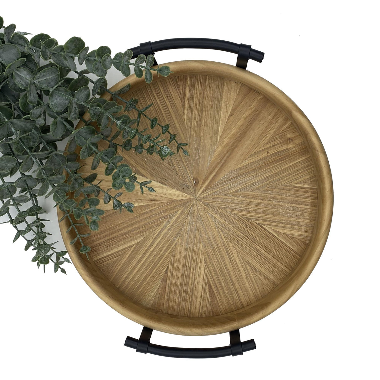 Rustic Round Wooden Decorative Tray with Metal Handles, Multi-Purpose Ottoman Tray, Farmhouse Serving Tray for Coffee Table, Kitchen or Living Room dugunusu