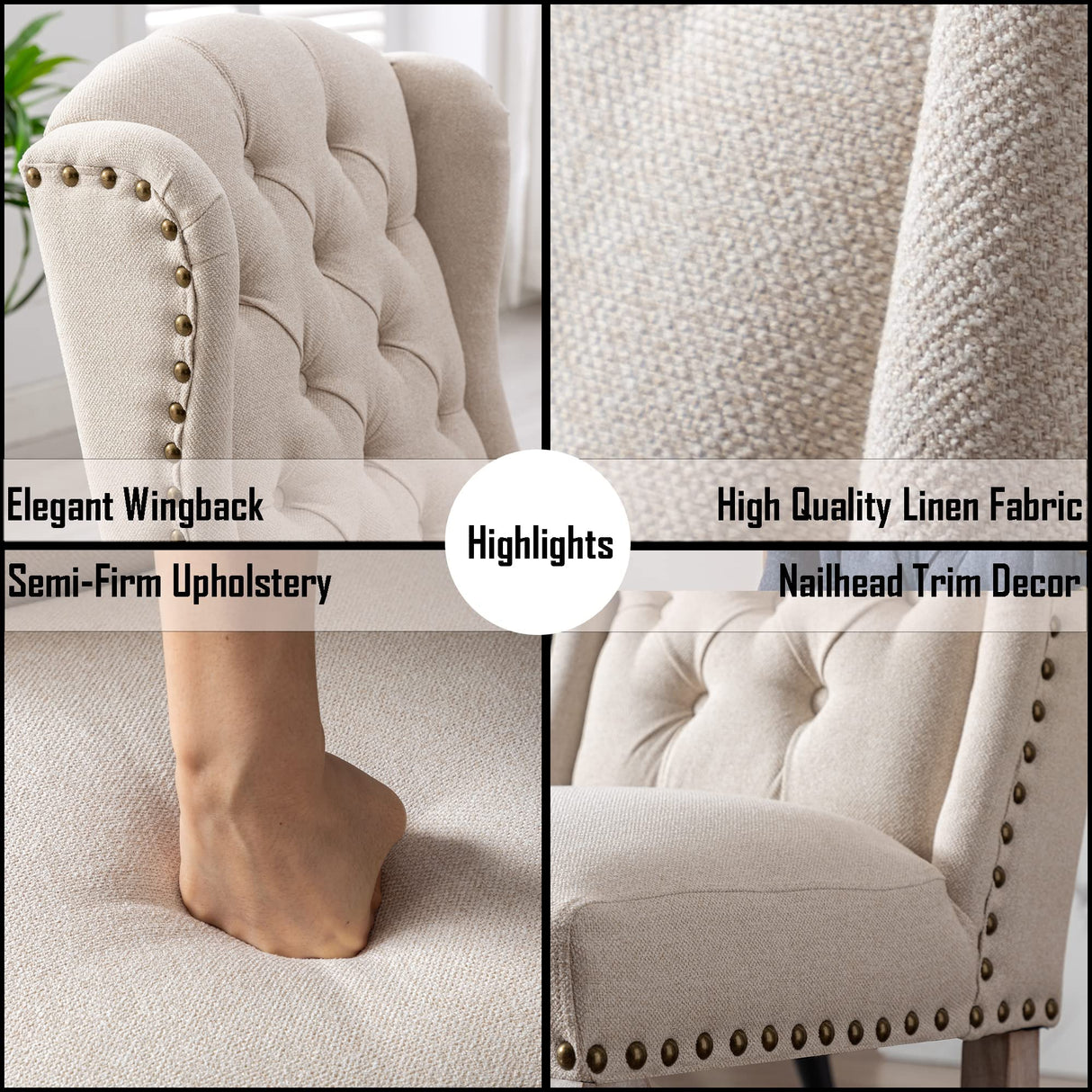 DM Furniture Parsons Dining Chairs Set of 2 Farmhouse Solid Wood Accent Chairs Linen Fabric Host Side Kitchen Chair with Tufted Wingback for Dining Room/Living Room/Bedroom,Cream DM Furniture