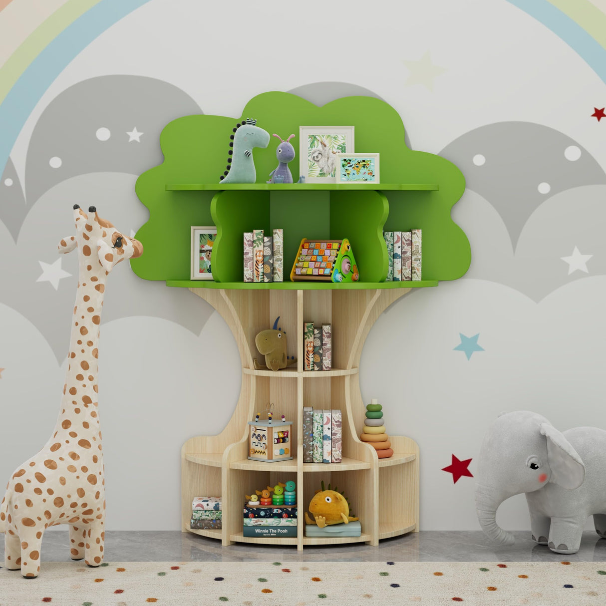 RUPOLX 5-Tier Tree Kids Bookshelf, Toddler Montessori Shelf Book Rack, Toy and Book Storage for Kids, Wooden Children's Bookcase, Toy Storage Organizer for Preschool, Kid Room, Playroom, Nursery-002 RUPOLX