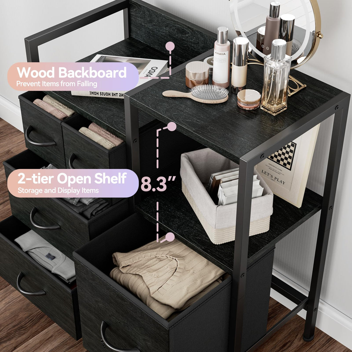 Furnulem Dresser for Bedroom Organization Fabric Dresser Units with 5 Storage Drawers Sturdy 2 Tier Shelf Large Space Dresser Bedroom Dresser for Hallway Entryway Dorm Black Furnulem