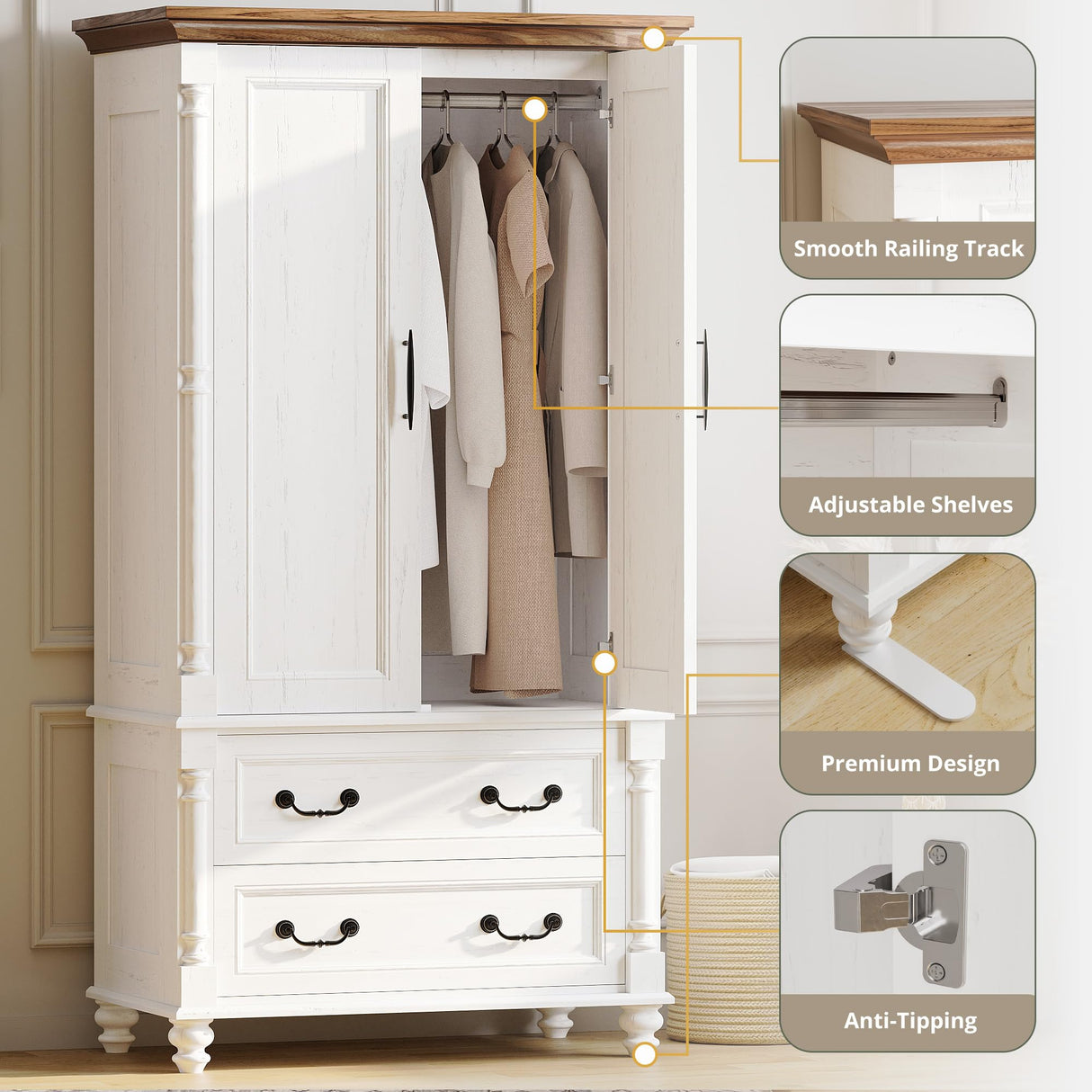 LIKIMIO Farmhouse Armoire Wardrobe Closet with 2 Doors and 2 Drawers, 70" H x 36" W, Large Bedroom Armoire with Roman Column and 3 Hanging Hooks, Wooden Freestanding Closet Cabinet, White LIKIMIO
