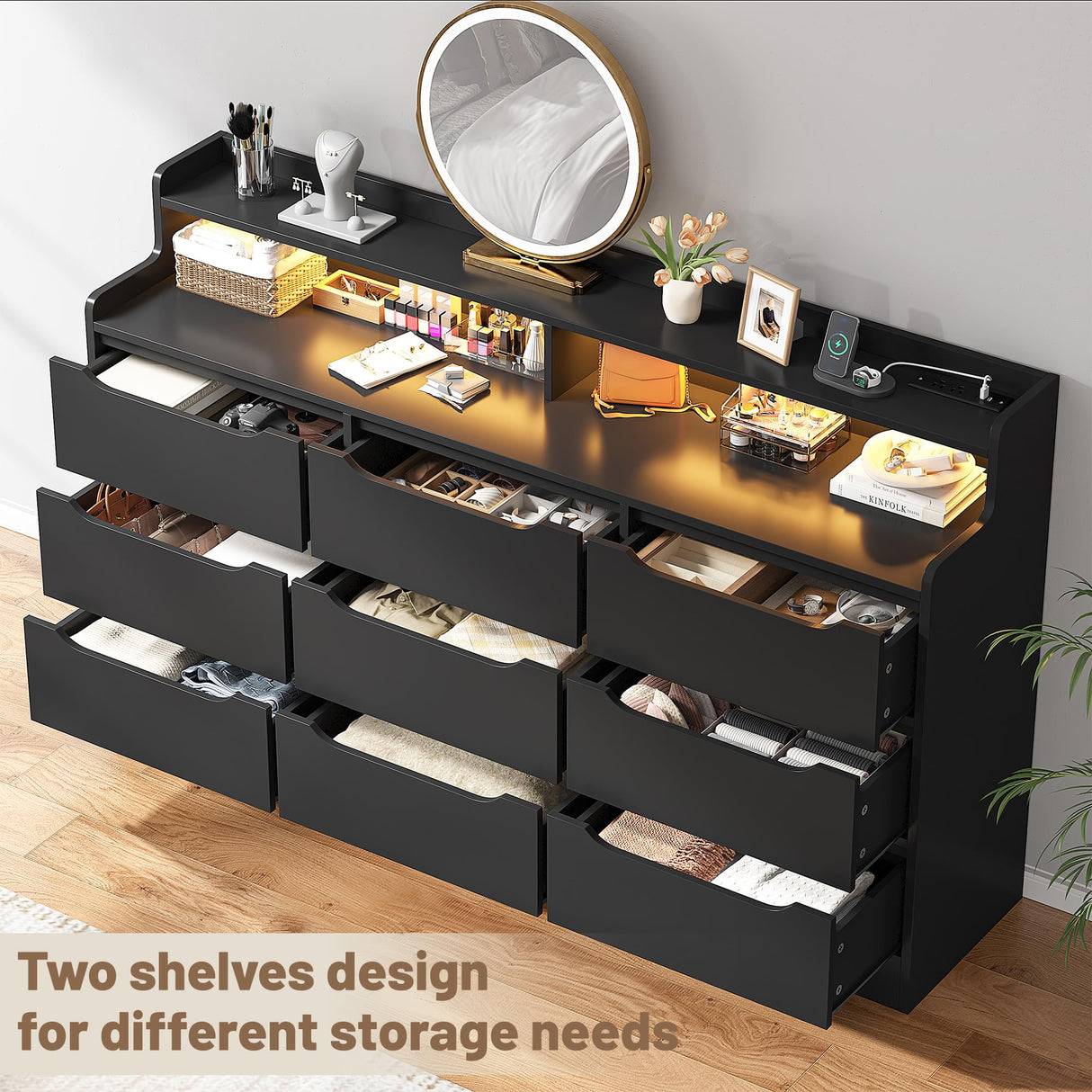 EnHomee 9 Drawers Dresser with LED Light Storage Shelves,Black Dresser for Bedroom with Charging Station,Dressers & Chests of Drawers with Handleless in Modern Style,Tall Wooden Dresser for Home EnHomee
