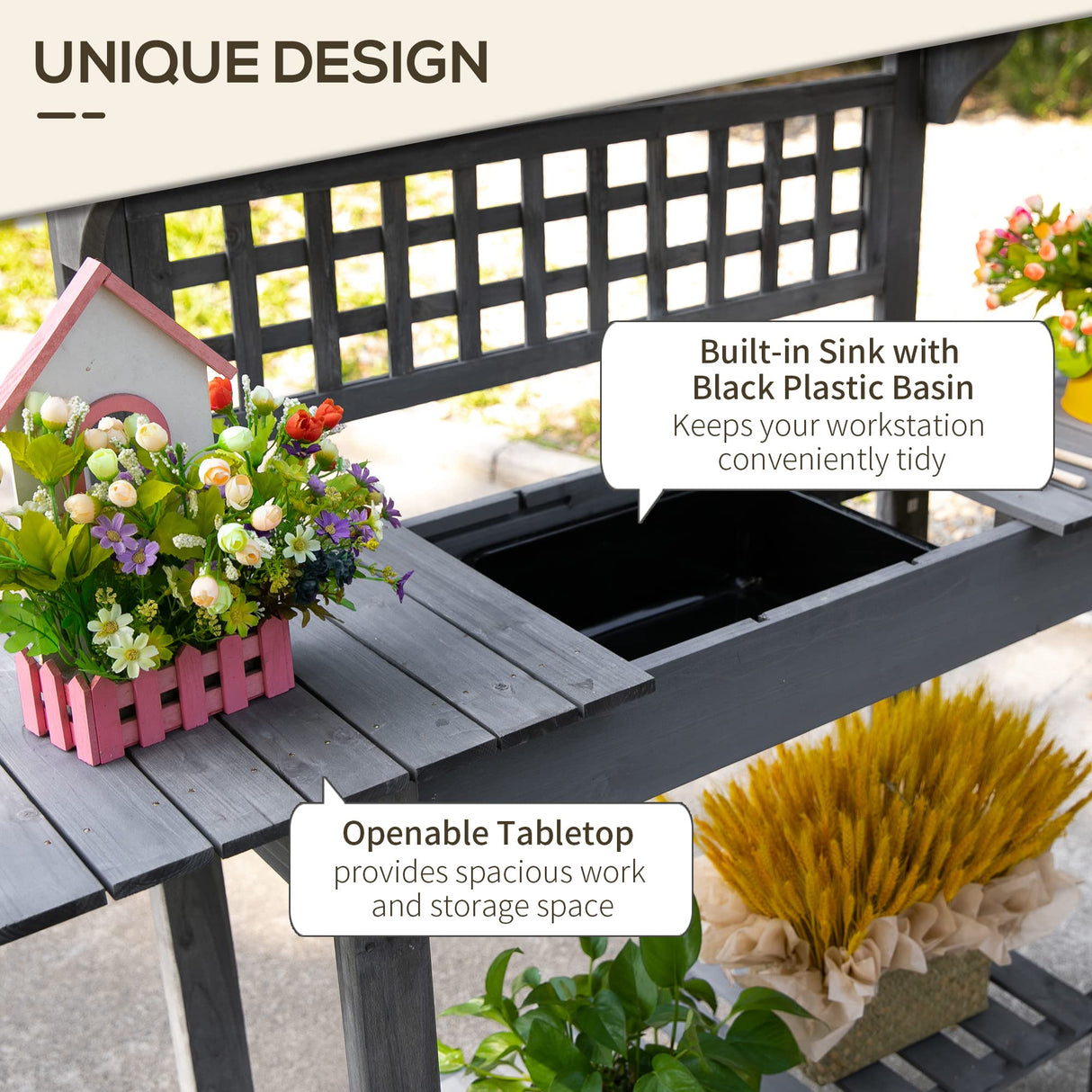 Outsunny Outdoor Potting Bench Table, Wooden Workstation with Sliding Tabletop, Storage Shelf and Dry Sink, for Greenhouse, Garden, Patio, Gray Outsunny
