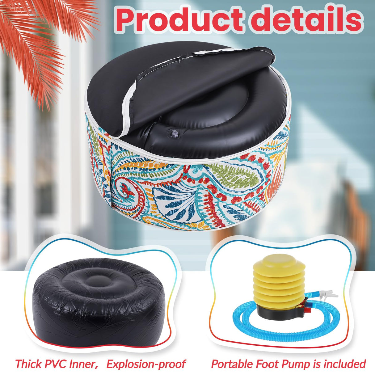 Juexica 2 Pack Outdoor/Indoor Inflatable Ottoman 21 x 9 Inch Paisley All Weather Round Footrest Stool with Handle Water Repellent Portable Footstool Pouf for Patio Garden Camping Home Deck Travel Juexica