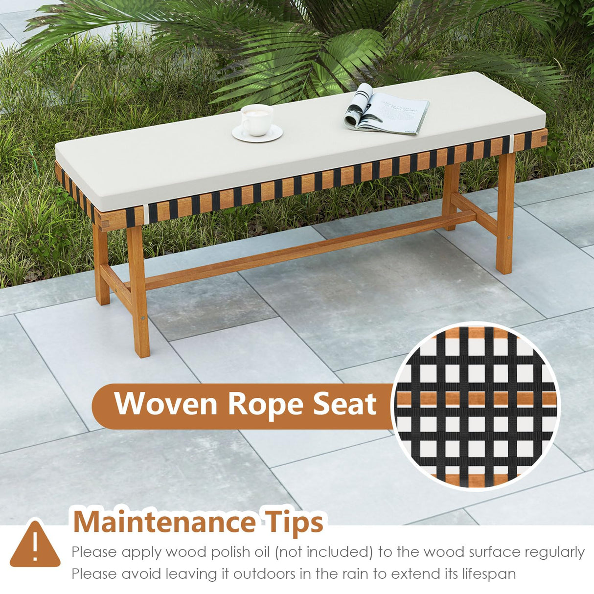 Tangkula 3 Piece Patio Dining Set for 4 People, 63” Outdoor Acacia Wood Rectangular Table with 1.97” Umbrealla Hole & 2 Cushioned Bench, for Deck Yard and Poolside Tangkula