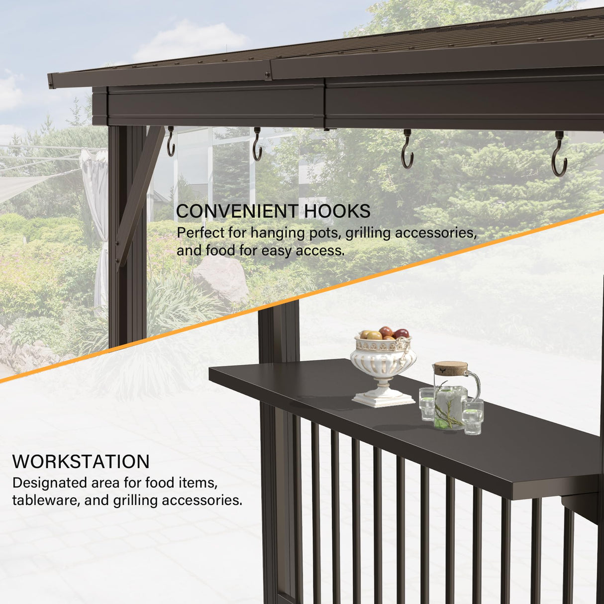 Domi 6.5x12FT Hardtop Grill Gazebo, Outdoor BBQ Gazebo with 2 Side Shelves, Sloping Steel Roof for Permanent Sun Shade with Ceiling Hooks for Patio Deck Yard Garden (Brown) domi outdoor living