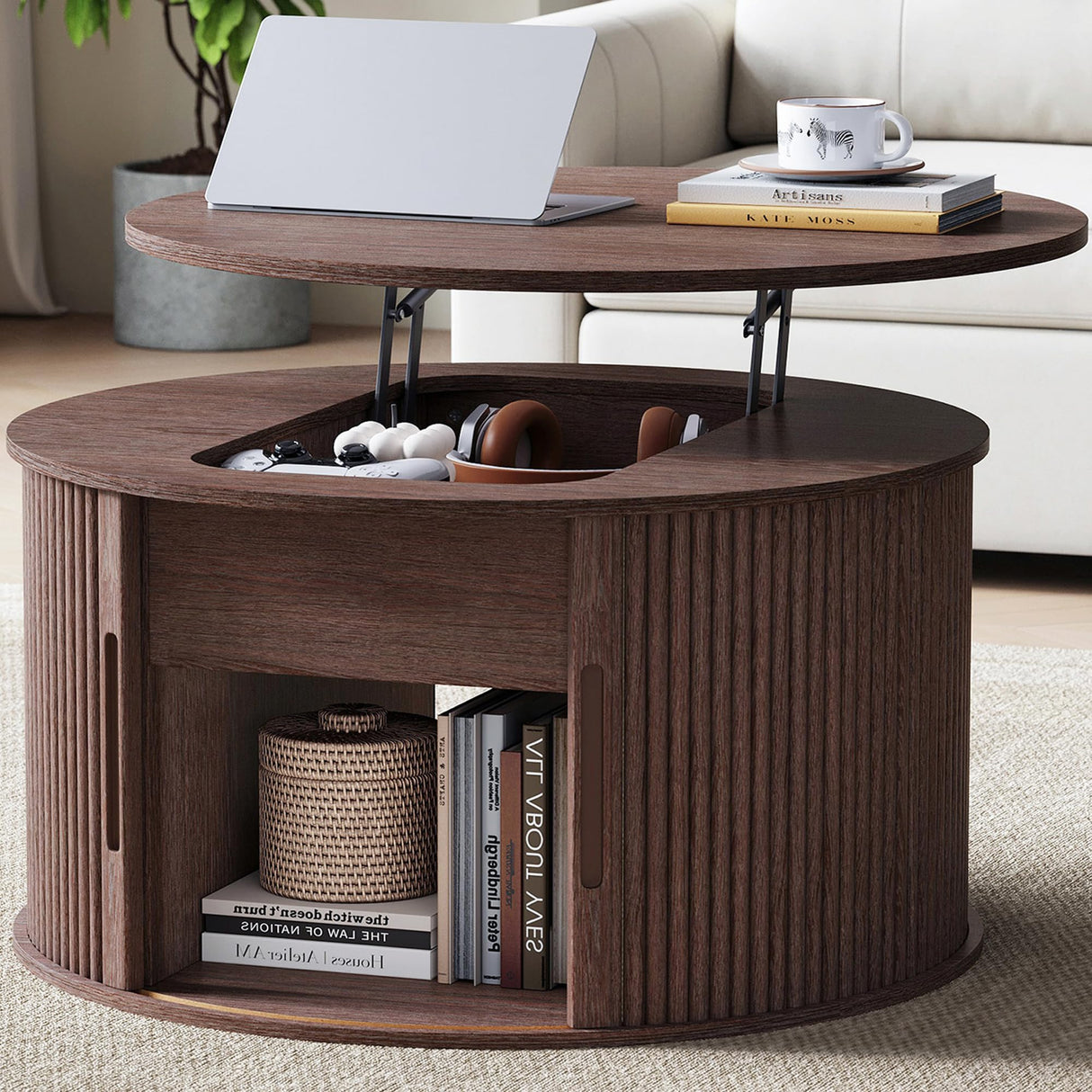 LINSY Lift Top Coffee Table, Round Fluted Coffee Table with Storage, Mid Century Modern Wooden Coffee Tables with Sliding Tambour Door, 31.5" Center Table for Living Room, Office, Small Space, Walnut LINSY