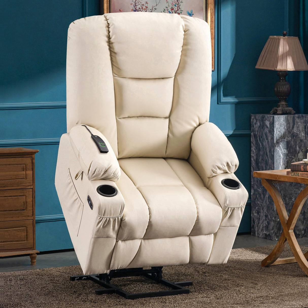 MCombo Large Power Lift Recliner Chair Sofa with Massage and Heat for Big and Tall Elderly People, 3 Positions, Cup Holders, and USB Ports, Faux Leather 7539 (Large, Cream White) MCombo