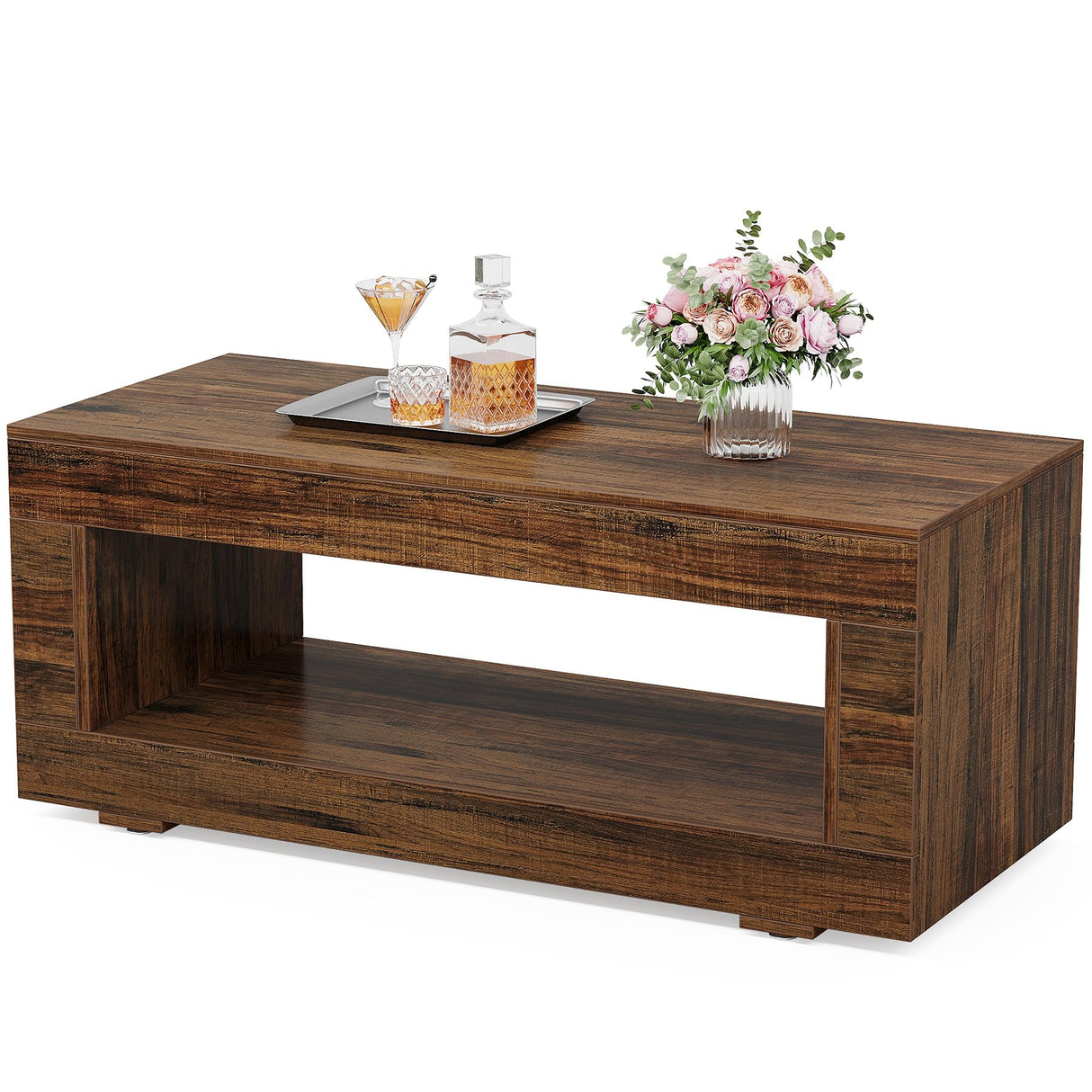 Tribesigns Wood Coffee Table for Living Room, 43.3" Modern Farmhouse Coffee Table with Storage, 2-Tier Rectangular Center Table Cocktail Living Room Table with Sturdy Base, Rustic Brown Tribesigns
