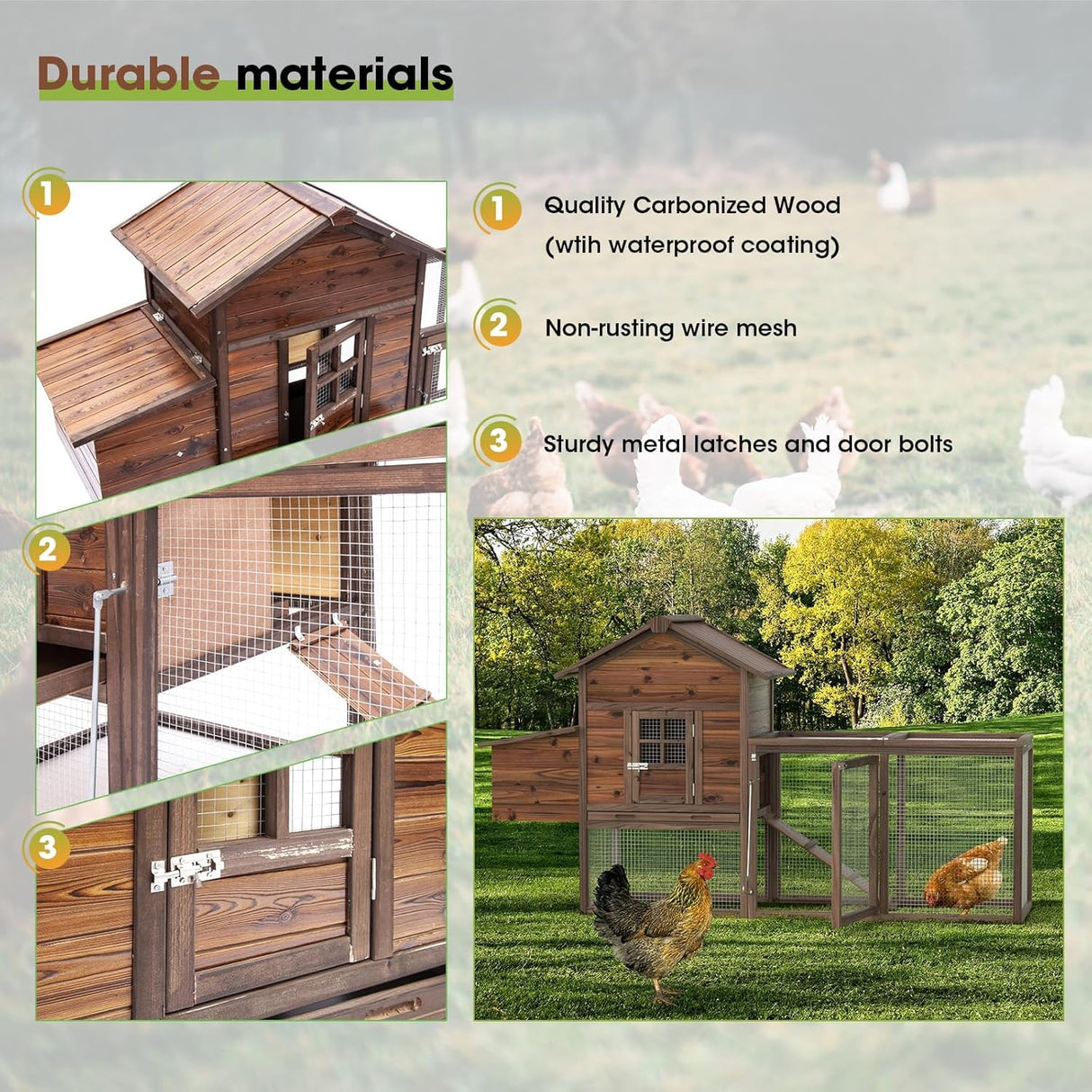 Wooden Chicken Coop, 80IN Outdoor Chicken Cages and Run with Nesting Boxes for 2-4 Chickens, Hen Run Poultry Pet House Rabbit Hutch with Waterproof Roof & Removable Tray for Backyard Poultry (ONE) TANGJEAMER