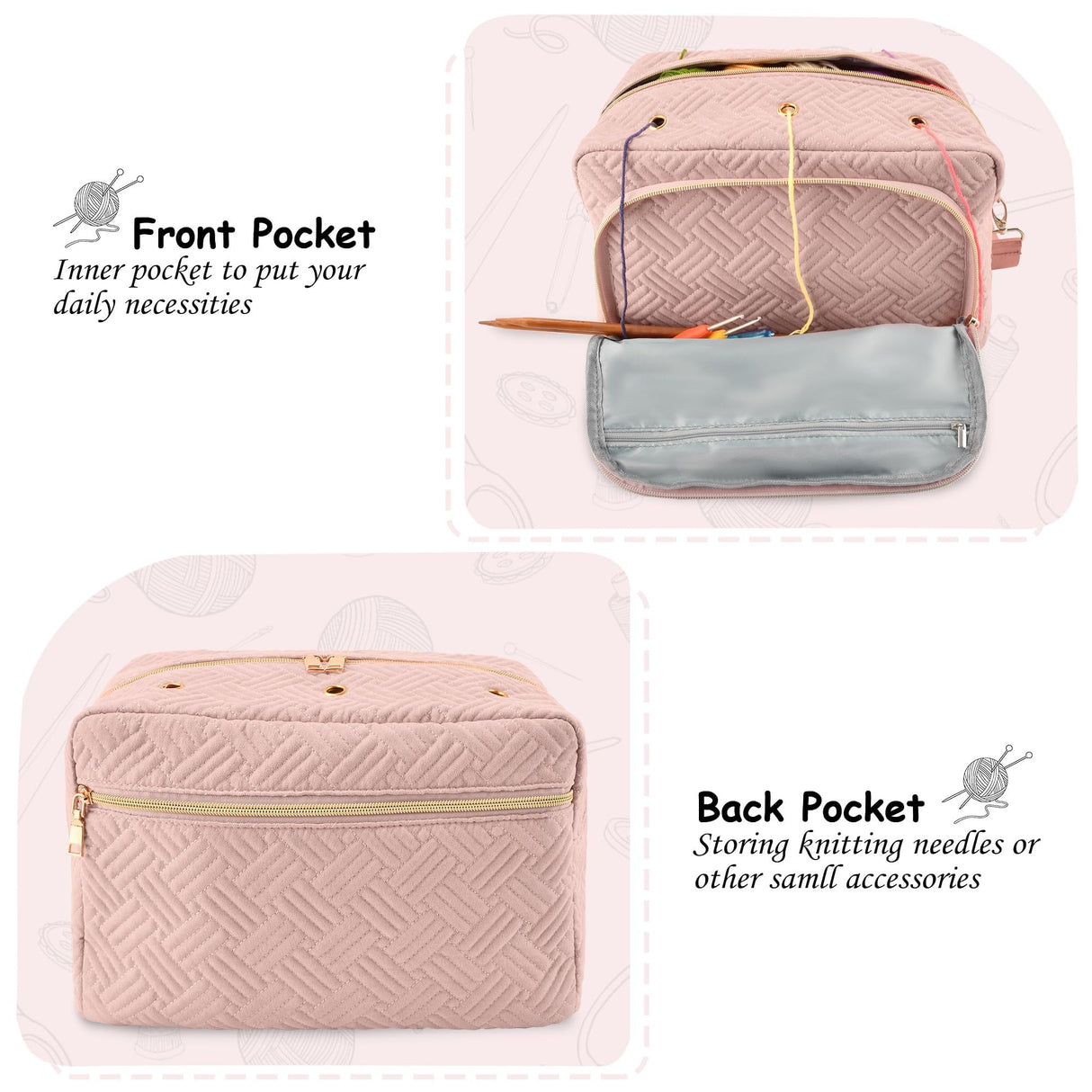 Crochet Bag Organizer, Yarn Storage Organizer, Yarn Holder for Crochet with Adjustable Shoulder Straps, Knitting Bag for crocheting, Crochet Hook Case Gifts for Crocheters (Pink) Uawsyut