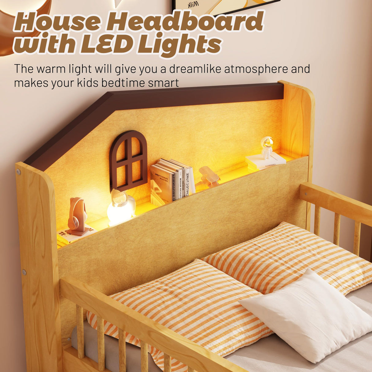 Kids Loft Bed with LED Lights,Wooden Low Loft Bed Twin with House Shape Headboard, 4 Storage Drawers and Stairs for Girls Boys,No Box Spring Needed, Natural Mirightone