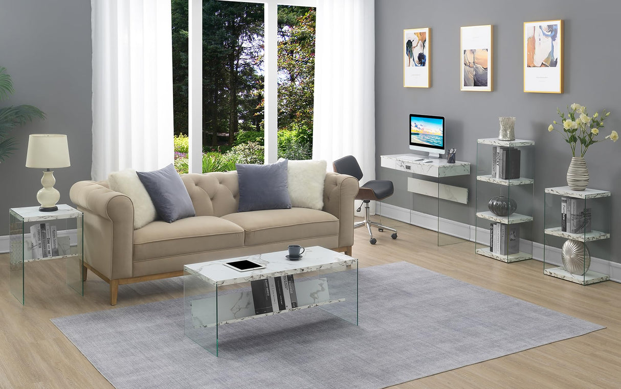 Convenience Concepts SoHo Glass Modern Living Storage Shelf, Contemporary Coffee Table for Family Room, 40", Faux White Marble Convenience Concepts