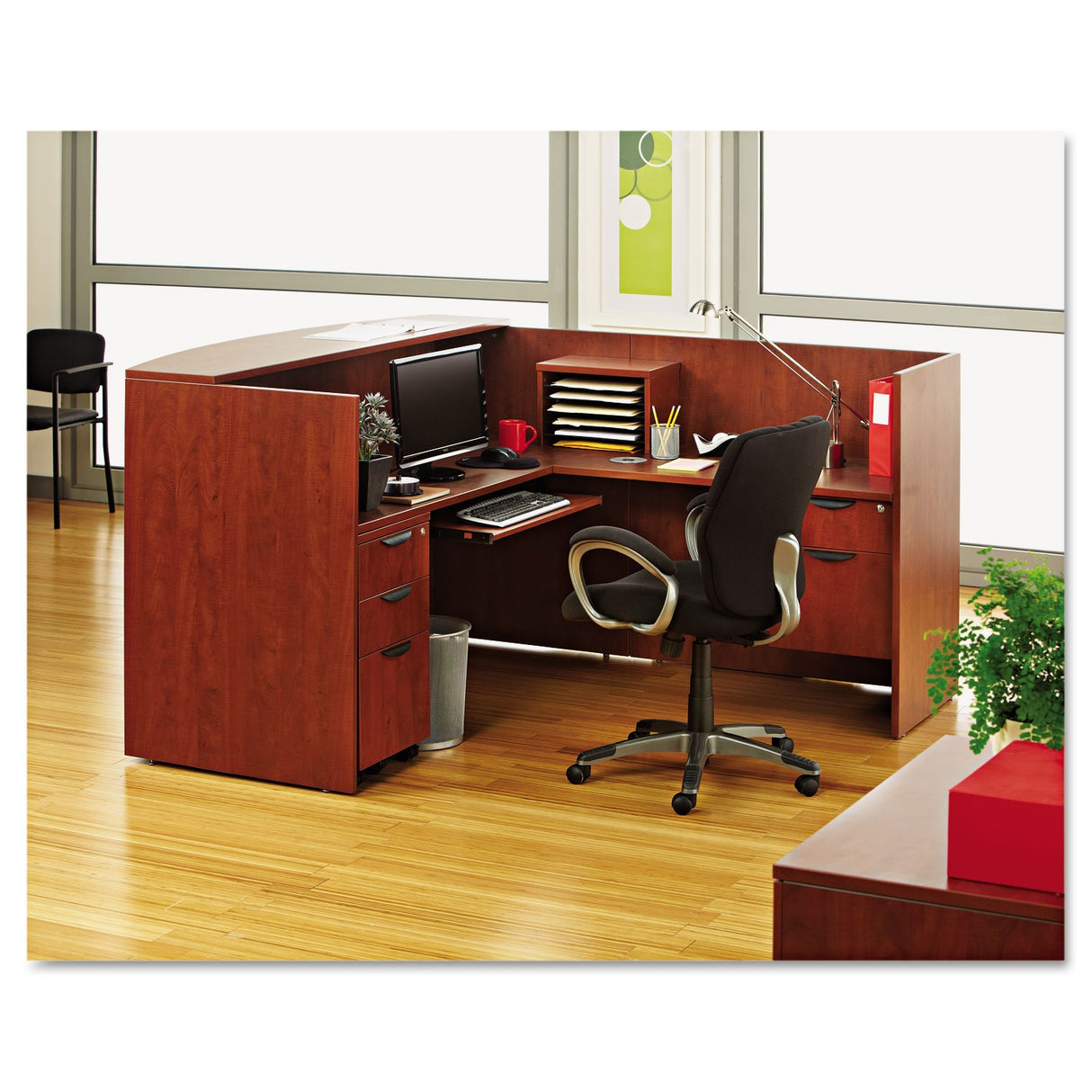 Alera ALE Valencia Series Reception Desk w/Counter, 71w x 35 1/2d x 42 1/2h, Cherry Alera