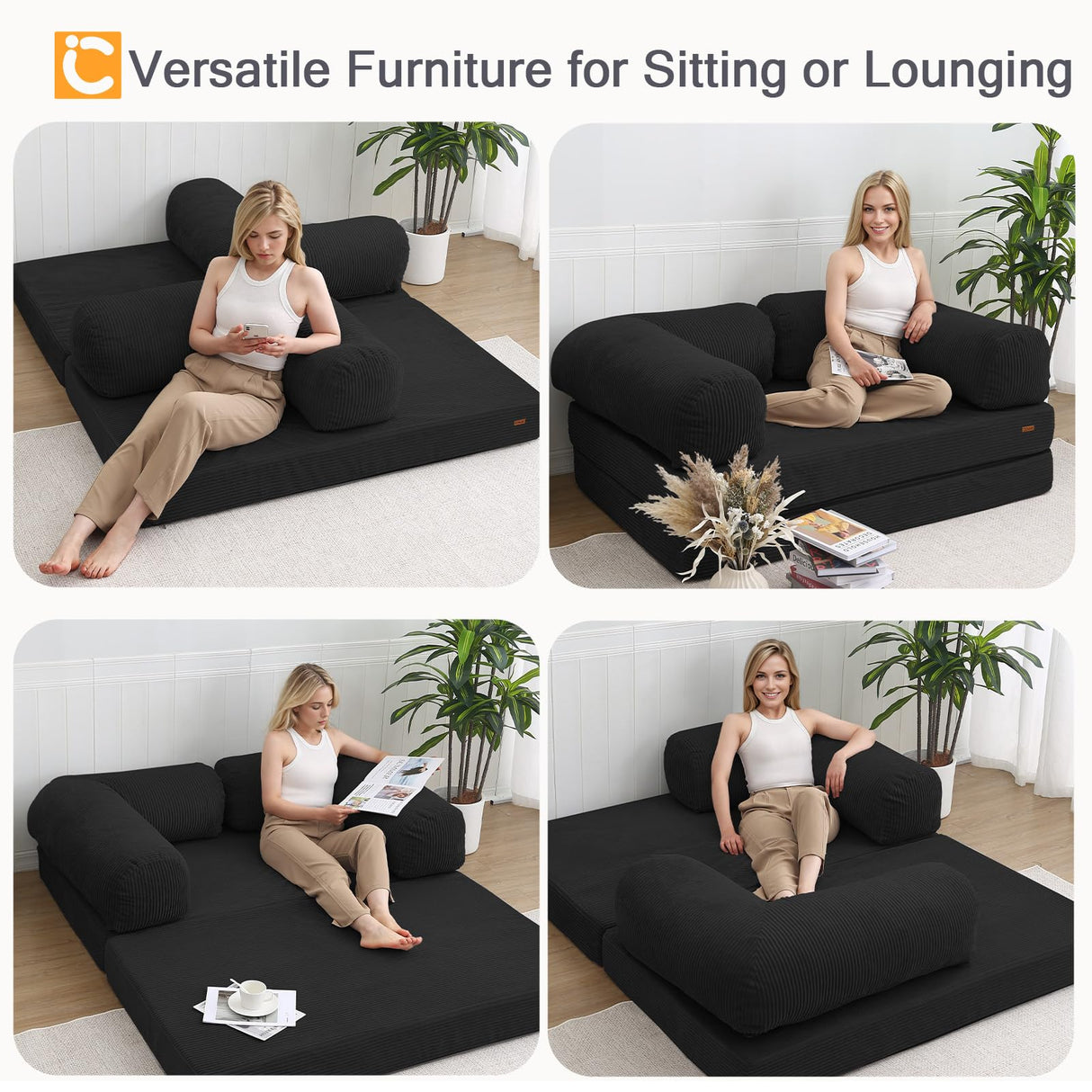 COMAX Folding Sofa Bed Queen, 4-in-1 Foldable Floor Couch Convertible Futon Sofa with Armrests Sleeper Mattress Chair Bed Comfy Portable Fold Out Lounge Guest for Living Room Bedroom, Black COMAX