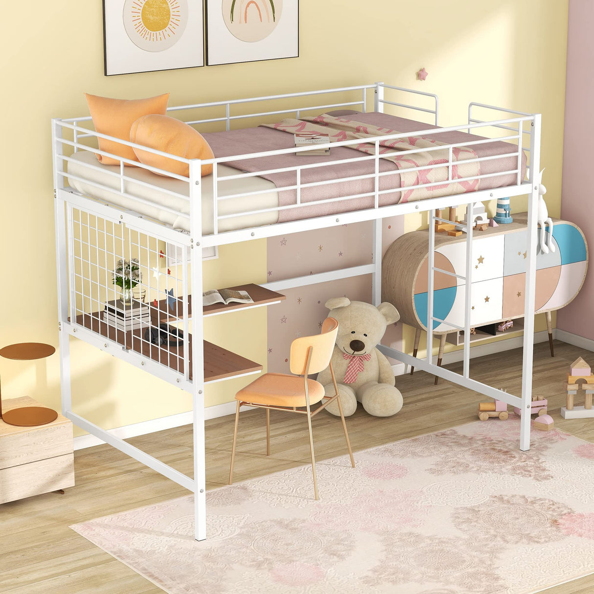 Full Size Loft Bed with Desk and Metal Grid, Metal Loft Bed Full with Safety Guardrails and Ladders, High Loft Bed Frame for Teens, Adults, No Box Spring Needed (Full, White) Harper & Bright Designs