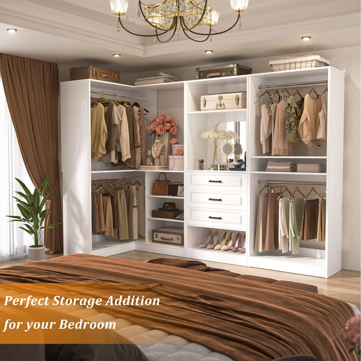 Unikito Closet System with Drawers,86” Modular Corner Closet Organizer System with Mirror,Freestanding Wood Wardrobe Organizer with Hanging Rods & Adjustable Shelves, Walk in Closet Tower, White Unikito