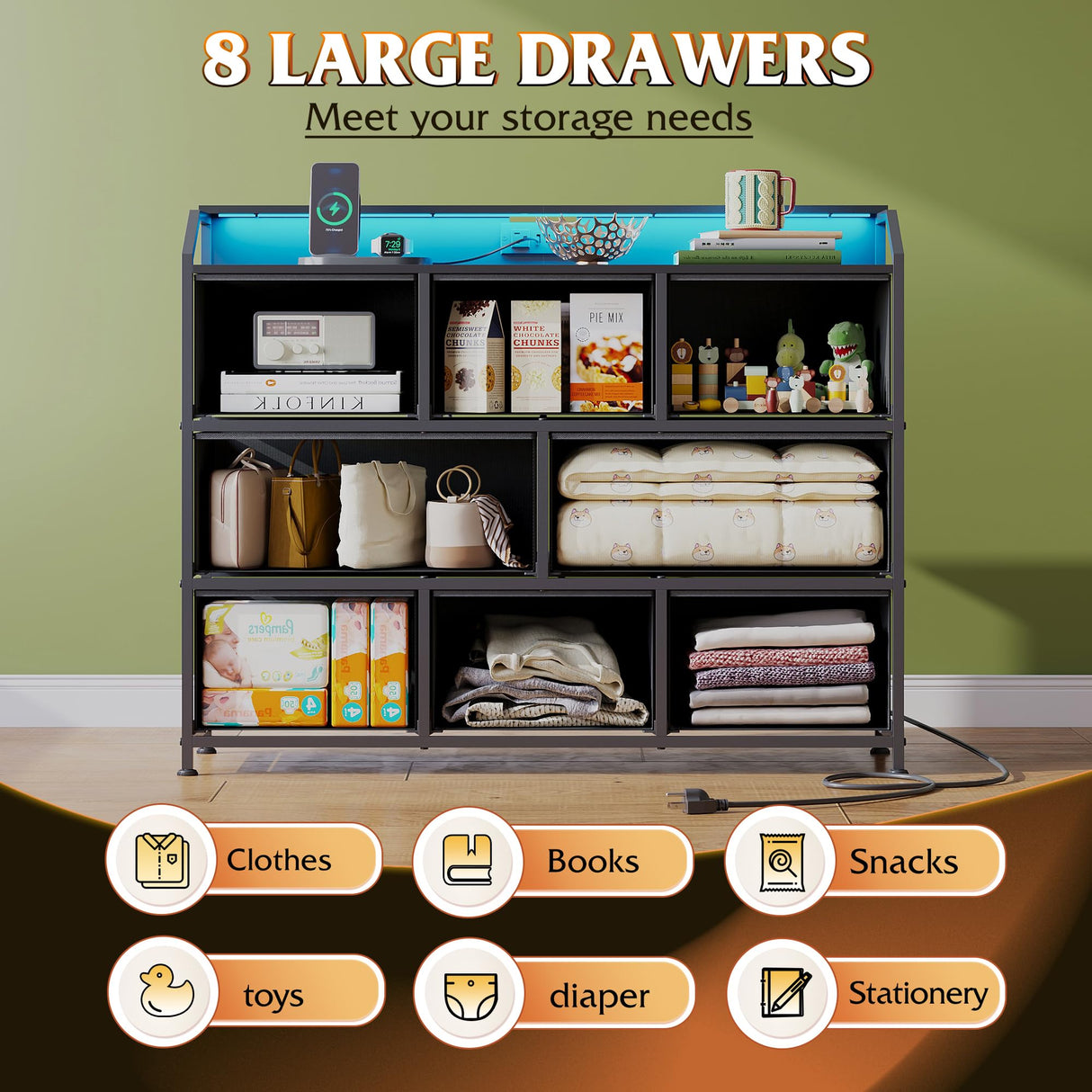 WLIVE Led Dresser for Bedroom, Black Dresser TV Stand for Bedroom with LED Lights and Power Outlet, Wide Chest of Drawers for Hallway, 8 Fabric Drawers for Living Room and Entryway, Easy to Assemble WLIVE