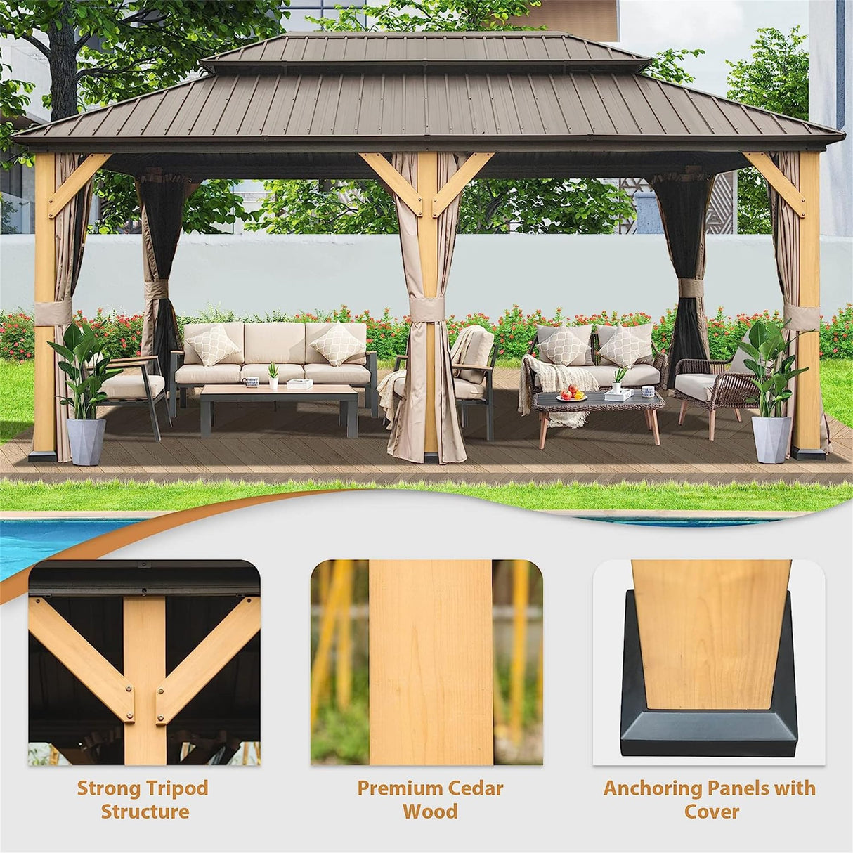 12'x20' Hardtop Gazebo, Outdoor Cedar Wood Frame Canopy with Galvanized Steel Double Roof, Outdoor Permanent Metal Pavilion with Curtains and Netting EDWINENE