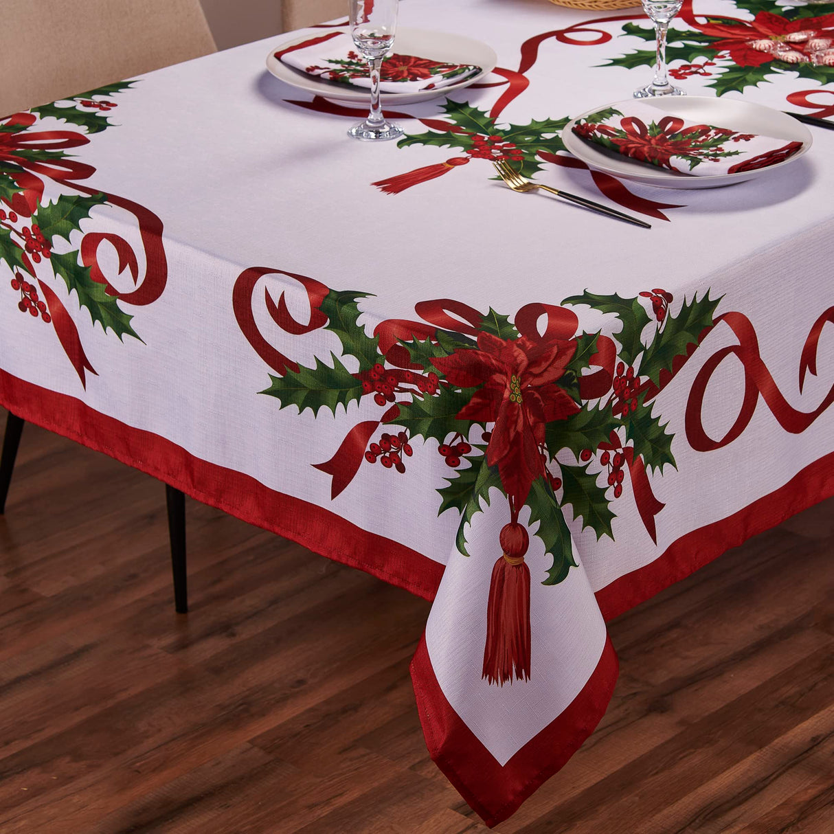 Kadut Christmas Ribbon Tablecloth (60 x 84 Inch) for 5 Foot Rectangle Tables, Heavy Duty Fabric, Stain Proof Xmas Ribbon Table Cloth for Harvest, Holiday, and Fall, & Christmas Dinner. Kadut