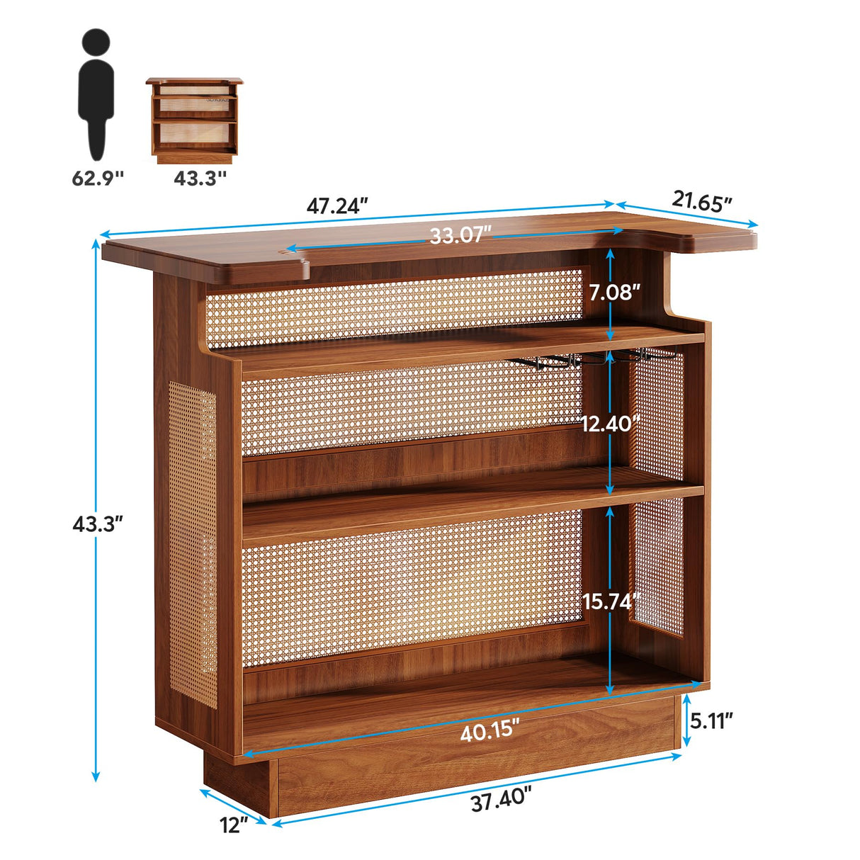 Tribesigns Caramel Brown Farmhouse Rattan Bar Cabinet with 4 Stemware Racks and Ample Storage Tribesigns