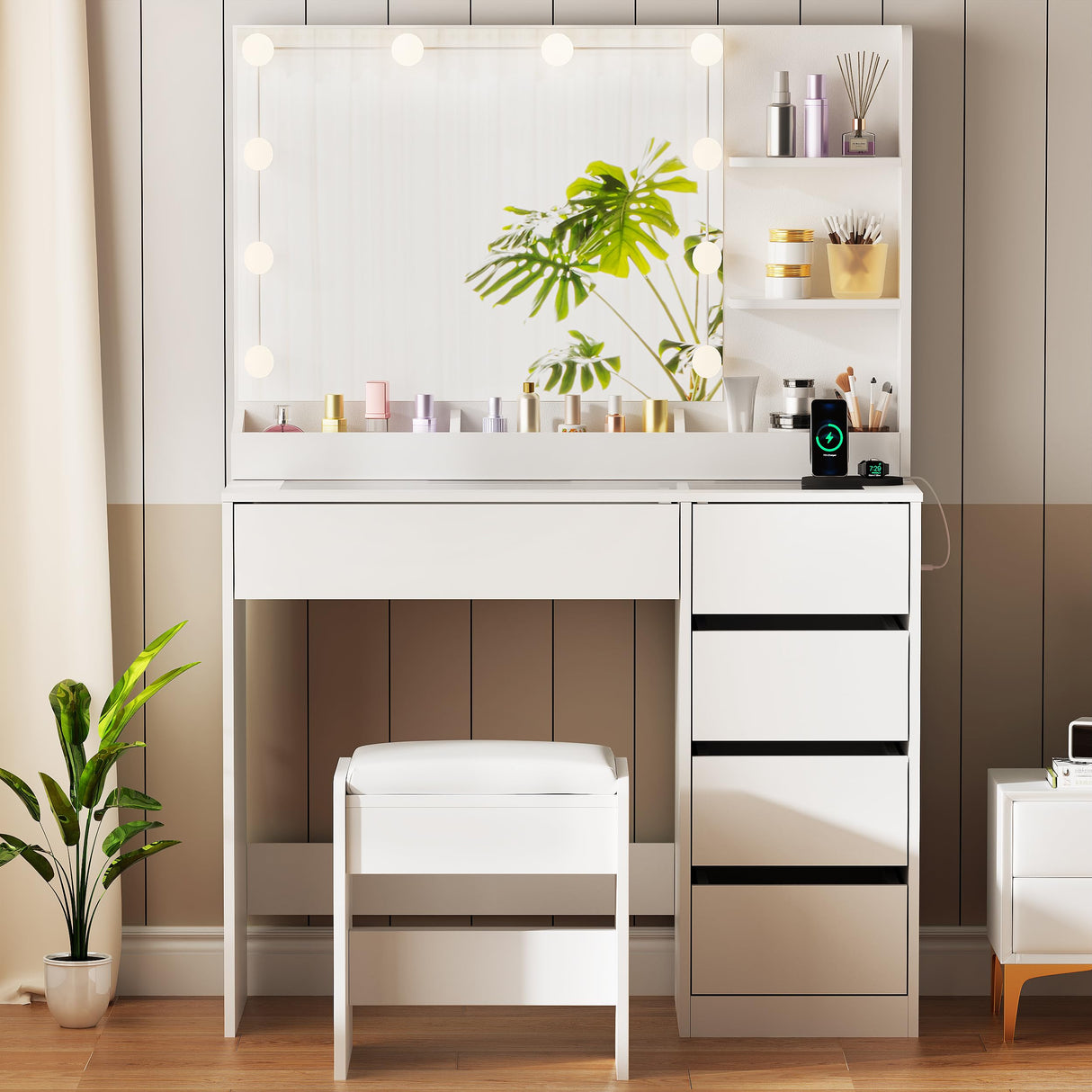 ANWBROAD Makeup Vanity Desk with Lighted Mirror & Power Outlet 35.4" Vanity Table Set with Glass top 5 Drawers Shelves Small Modern Dressing Table 3 Lighting Colors Stool Bedroom White Girls UBDT74W ANWBROAD