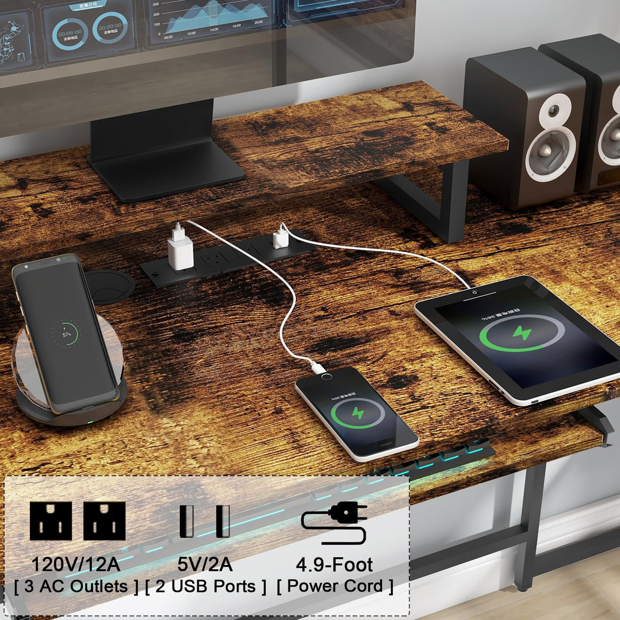 Halitaa U Shaped Desk with Power Outlet, L Shaped Office Desk with LED Lights and Monitor Stand, Reversible L-Shaped Computer Desk Suitable for Home Office, Corner, Gaming, Brown Halitaa