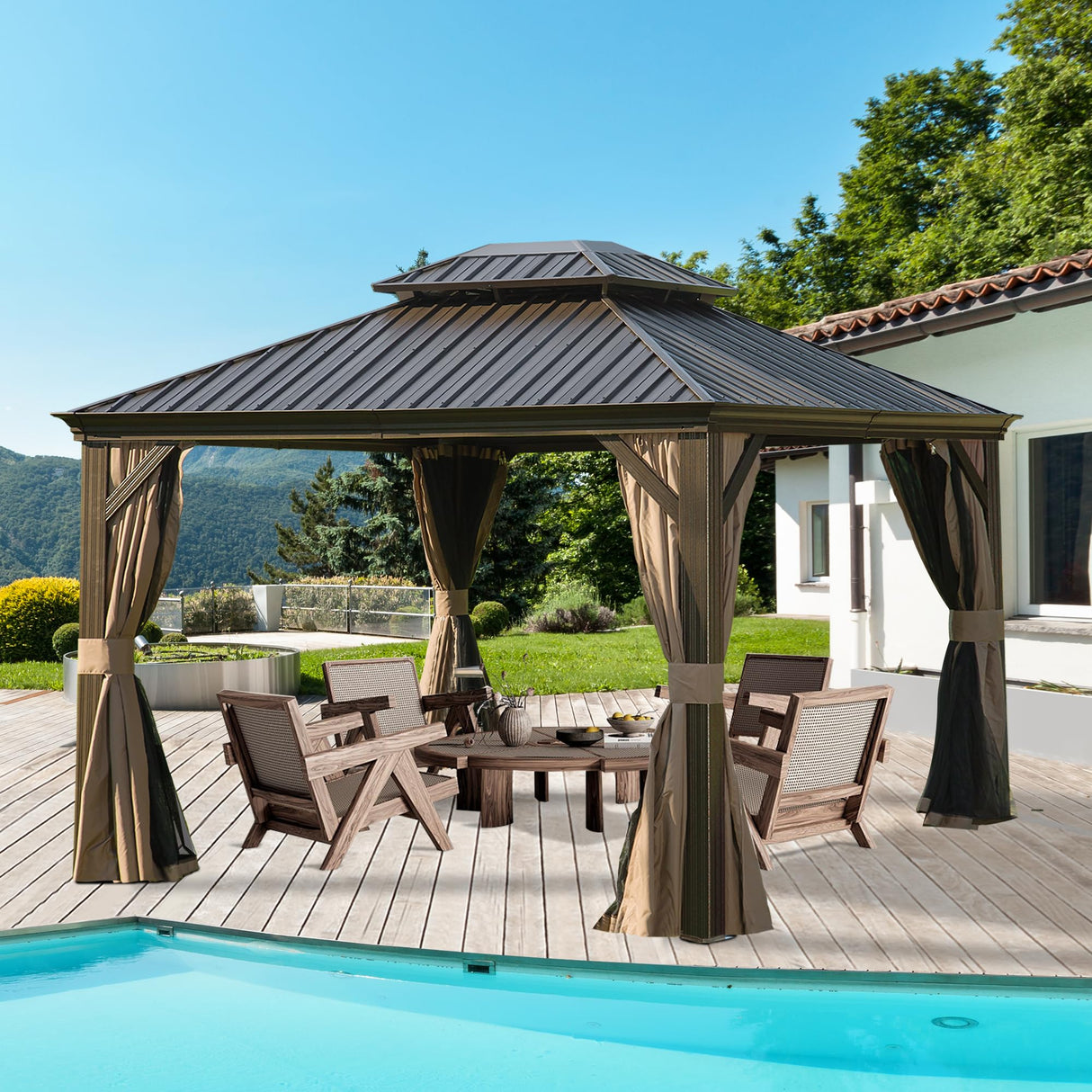 Domi 10' X 12' Hardtop Gazebo, Upgraded Metal Gazebo with Drainage System, Dual-Layer Galvanized Steel Roof, Curtain and Netting, Outdoor Shelter Canopy for Patio, Garden, and Backyard, Brown domi outdoor living