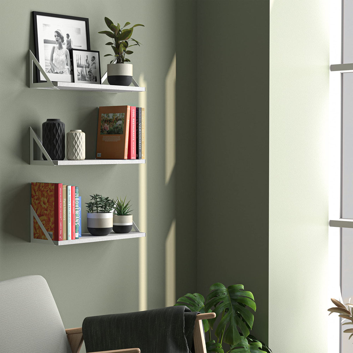 Wallniture Minori Washed White Floating Shelves for Wall Storage, Bathroom Shelves Over The Toilet Storage, Wood Wall Shelves Set of 3 with White Brackets Wallniture