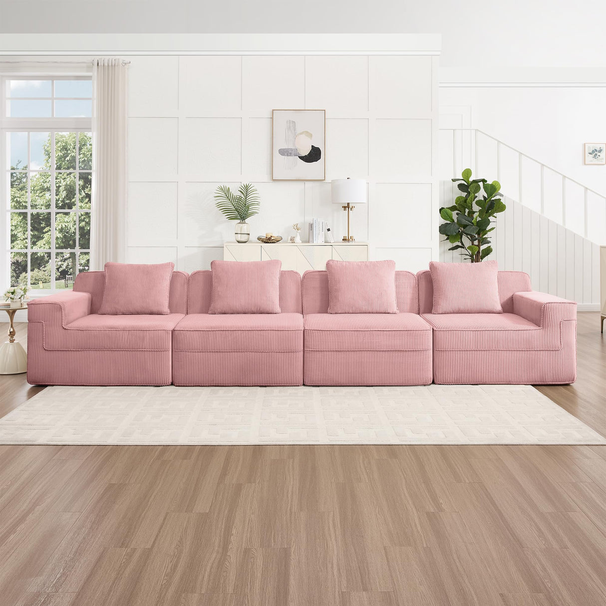 153.5 Cloud Sofa with Deep Seats and Wide Armrests,Boneless Sectional Couch with High Density Memory Foam Sofa, 4 Seater Sofa for Living Room Apartments - No Assembly, Corduroy,Pink HUMEHA