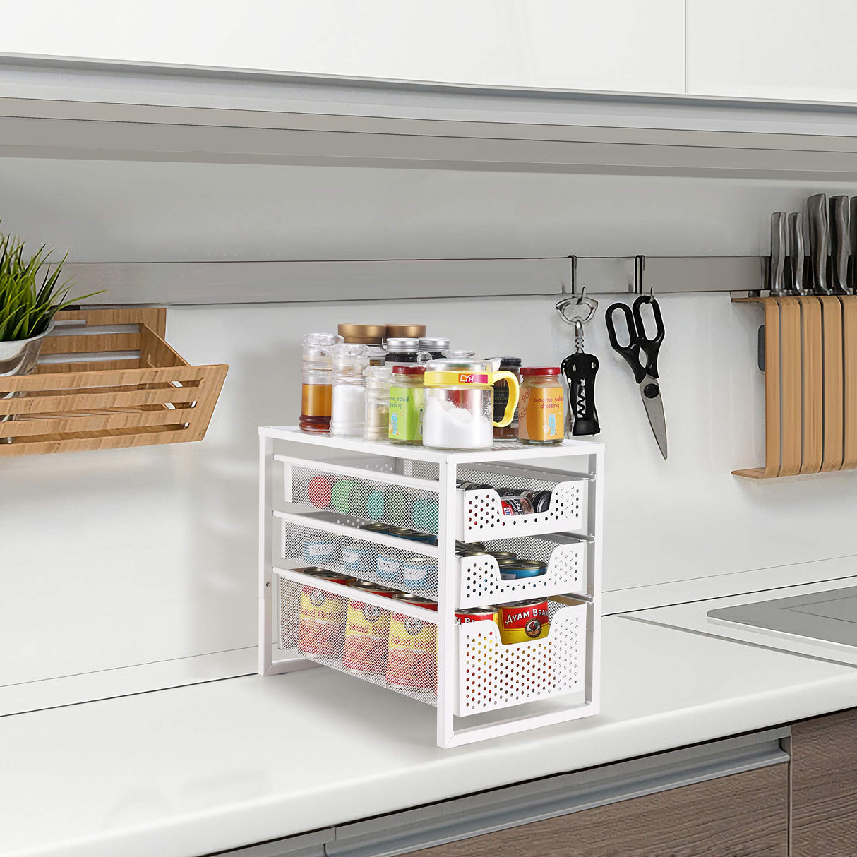 Simple Trending 3-Tier Under Sink Cabinet Organizer with Sliding Storage Drawer, Desktop Organizer for Kitchen Bathroom Office, Stackbale,White Simple Trending