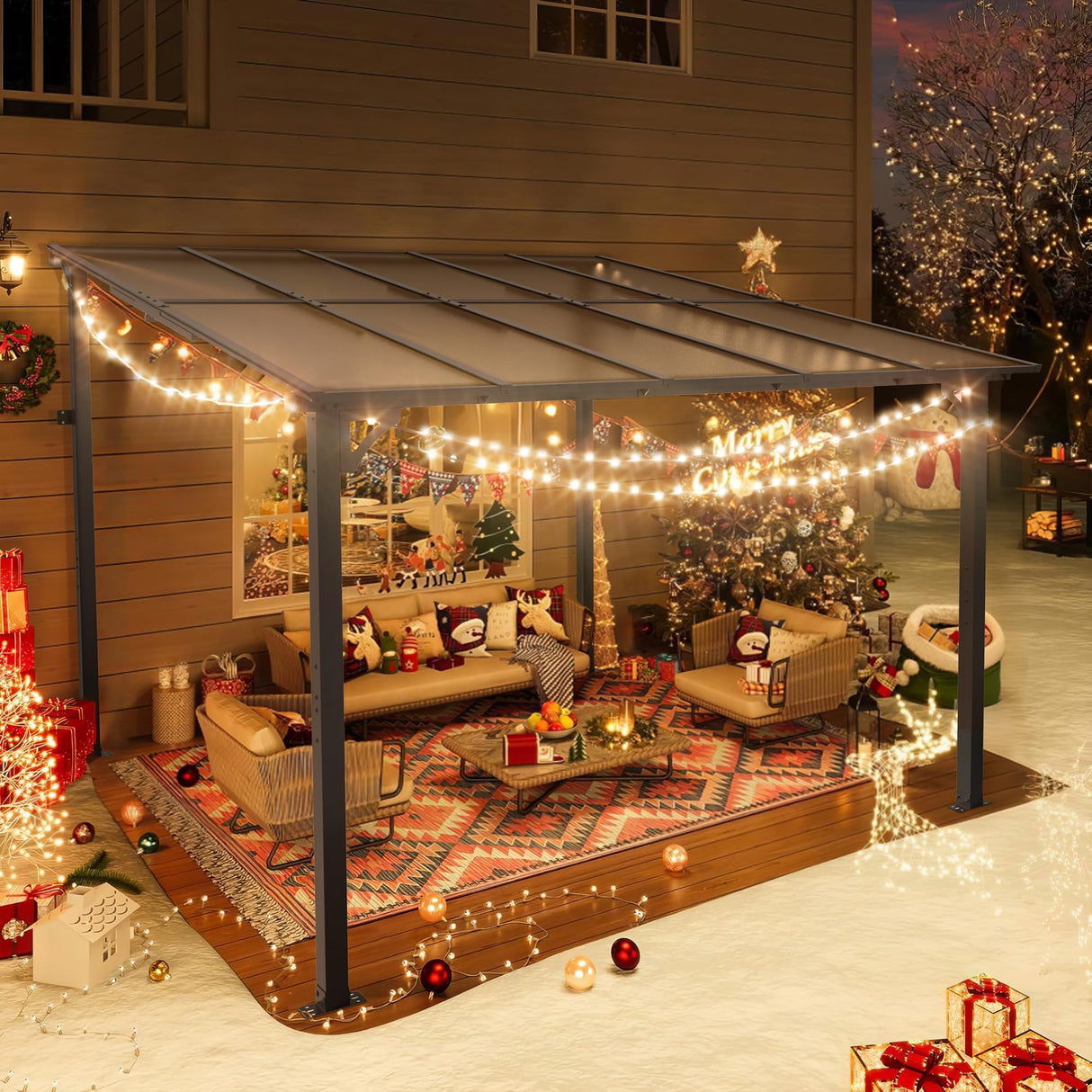 SUNCROWN 10'x10' Hardtop Gazebo, Wall-Mounted Gazebos Pergola, Outdoor Reclining Gazebos with Metal Frame, Lean to Gazebo Metal Awnings for Patio, Deck, Backyard, Porch, Lawns SUNCROWN