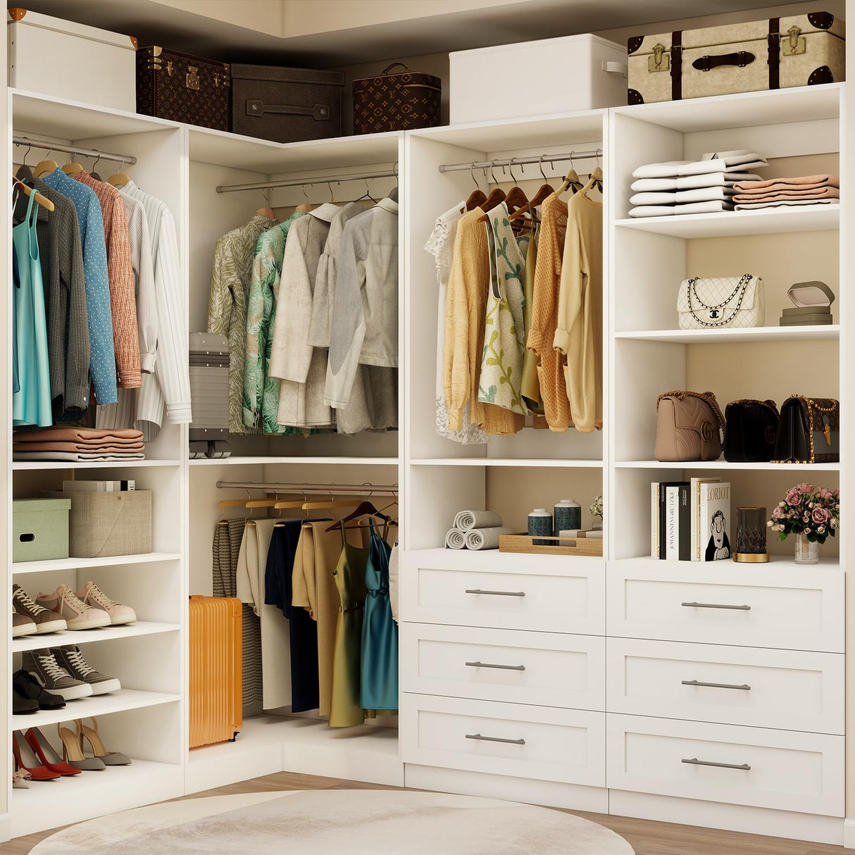 Vomavex Closet System with 4 sets, 101.9" Closet Organizer Systems with 6 Drawers & 8 Hanging Rods & Adjustable Shelves, Walk in Closet Standing Closet System, Corner Closet System Set, White vomavex