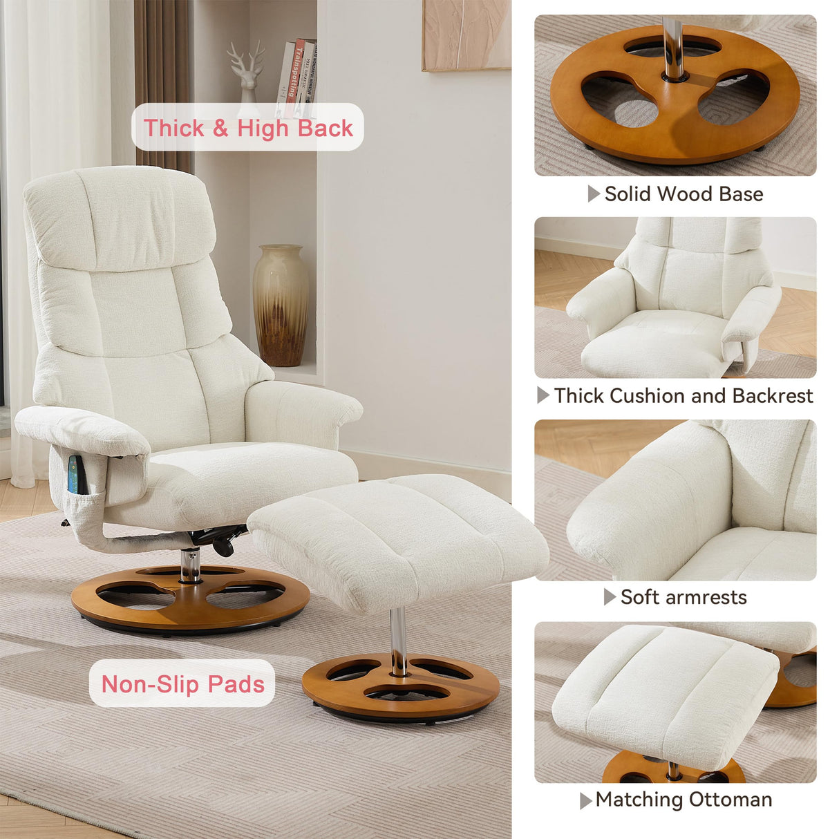 Chenille Swivel Recliner with Ottoman - Massage Recliner Chair with Heat & 360° Rotate, Swivel Stressless Reclining Chair with Ottoman & Remote-Control Massage, Manual Recliners for Bedroom (White) JCRRFLT