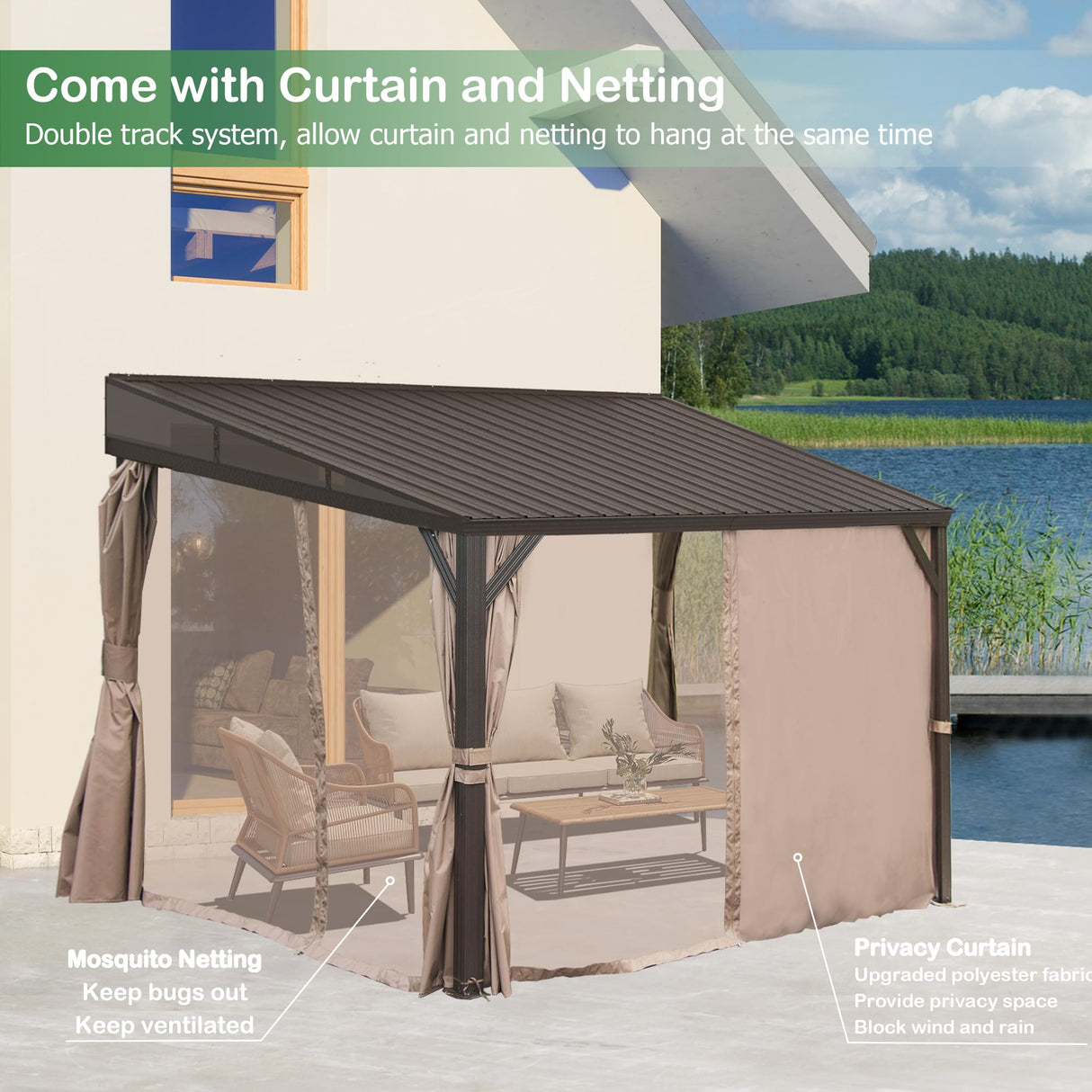 SHPAI 10’ x 12’ Lean to Gazebo, Outdoor Wall Mounted Gazebo Aluminum Frame, Hardtop Pergola with Galvanized Steel Sloping Roof for Patio Deck Garden Backyard, Curtain and Netting Included SHPAI