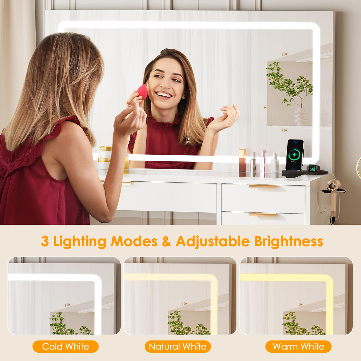 ANWBROAD 39.4" Makeup Vanity Desk with Glass Top & Power Outlet for Girls Women White Modern UBDT79W ANWBROAD