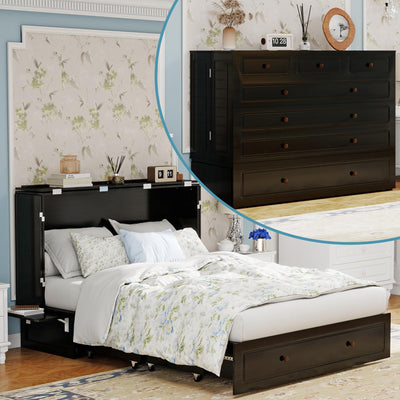 ClassyCabin Murphy Bed Queen Cabinet Without Mattress: Retro Black Wood Handle Murphy Bed Cabinet with USB Port & Small Shelves, Space Saving Wall Chest Bed with 2 Large Drawer for Home