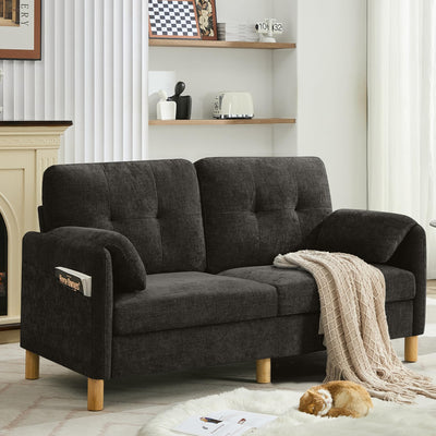 WUTUTUEE 65" Chenille Loveseat Sofa, Modern 2-Seater Love Seat Couch with Armrest Pillows, Storage Pockets, Easy Assembly, Upholstered Tufted Loveseat Couches for Living Room Bedroom, Dark Grey