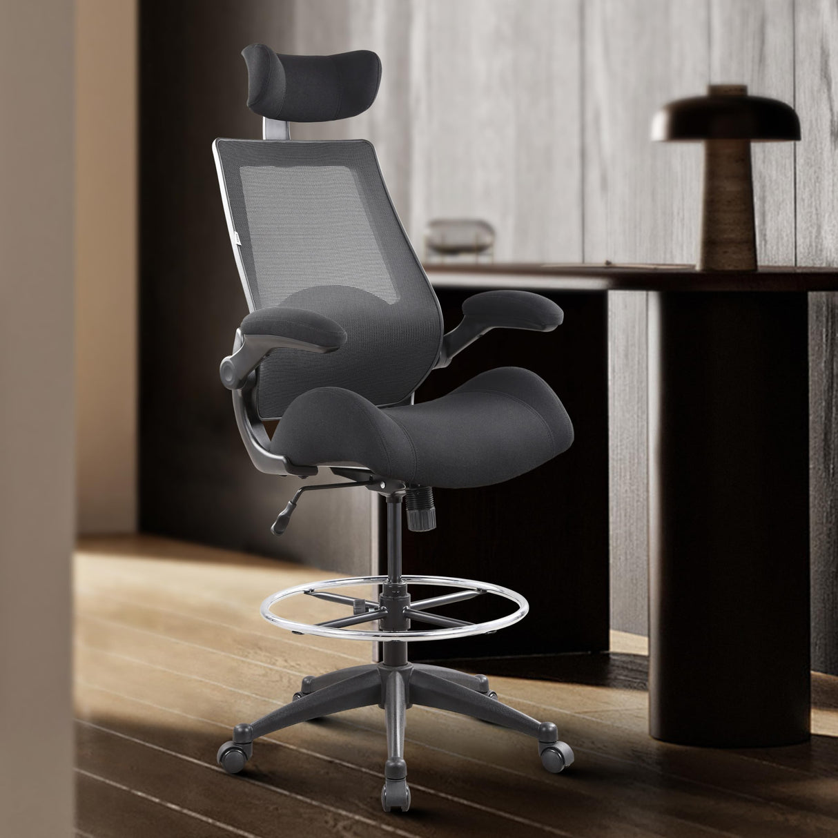 BOLISS Drafting Chair Tall Office Chair with Flip-up Armrests Executive Ergonomic Computer Standing Desk Chair with Lumbar Support and Adjustable Big Footrest Ring (Black) BOLISS
