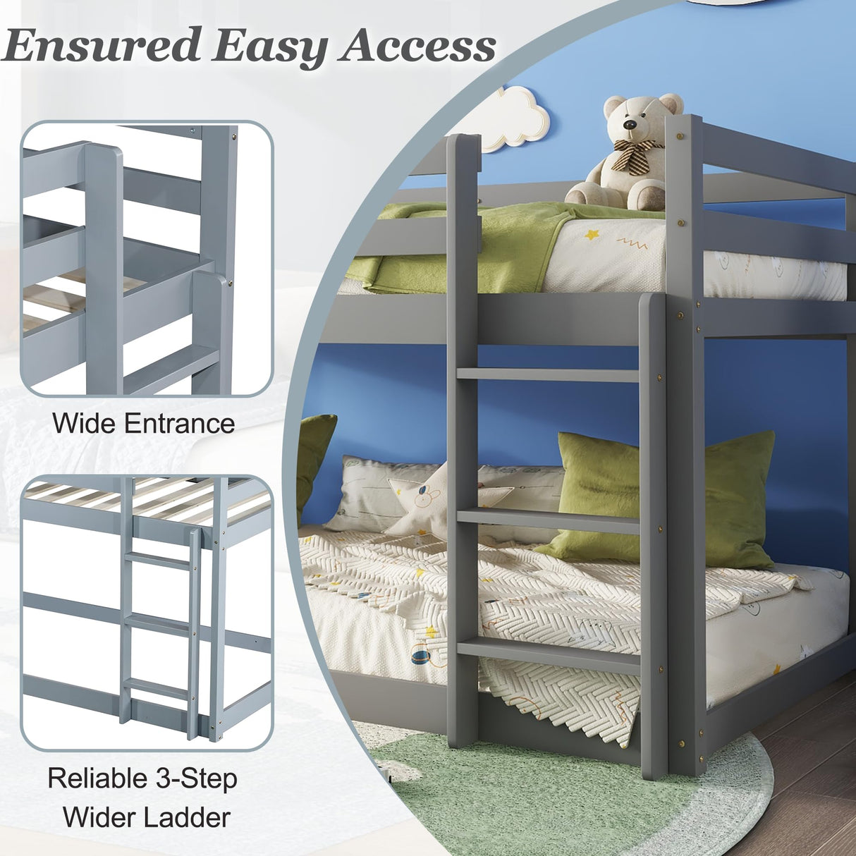 Mirightone Bunk Bed Twin Over Twin, Floor Bunk Bed with Ladder, Solid Wood Low Twin Bunk Beds for Kids Teens, Ideal for Multiple-Child Family, Apartment, Dormitory, No Box Spring Needed,Grey Mirightone