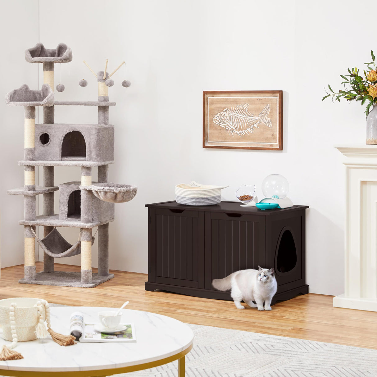 Yaheetech Cat Litter Box Enclosure, Cat Litter Box Furniture Hidden, Wooden Pet Crate Cat Washroom Storage Bench with Divider Home Litter Loo Indoor Cat House Espresso Yaheetech