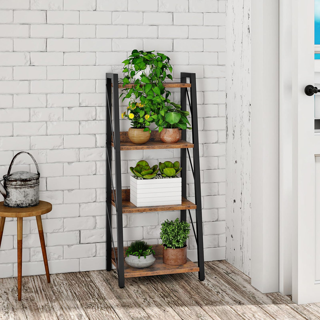 HOOBRO Ladder Shelf, 4-Tier Bookshelf, Corner Bookcase, Freestanding Storage Shelf Display Organizer, for Living Room, Bedroom, Home Office, Kitchen, Rustic Brown and Black BF304CJ01 HOOBRO