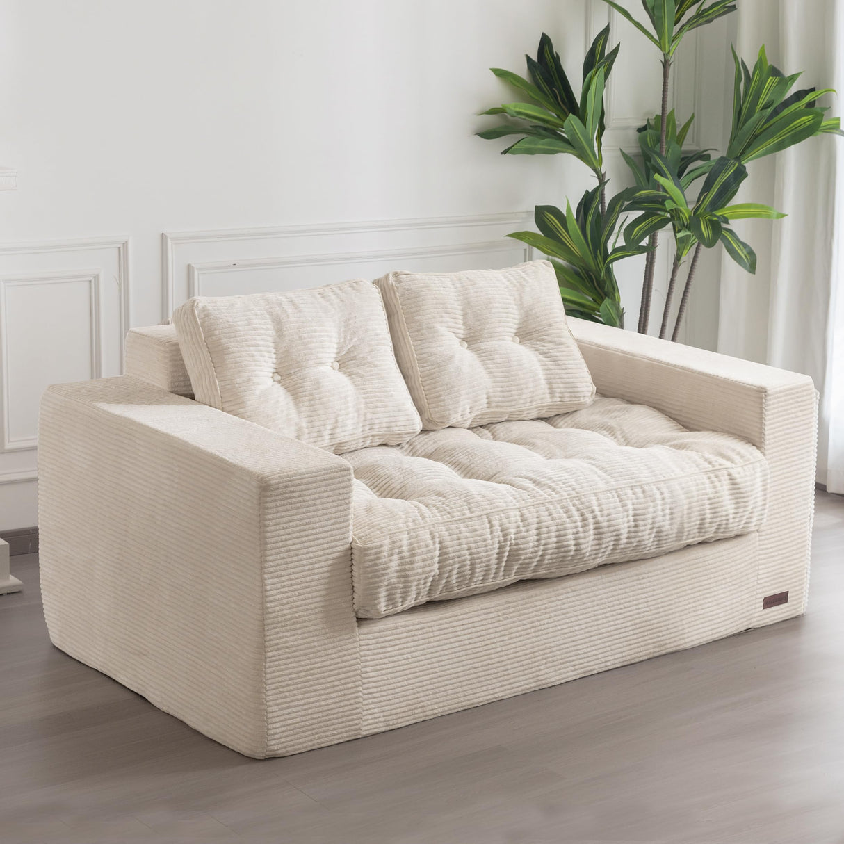 MAXYOYO Bean Bag Chair for Adults, Upholstered Floor Sofa with Armrests, Loveseat Boneless Couch with Tufted Cushion & Backrest, Sofa in A Box, Large Bean Bag Couch for Bedroom Living Room, Beige MAXYOYO