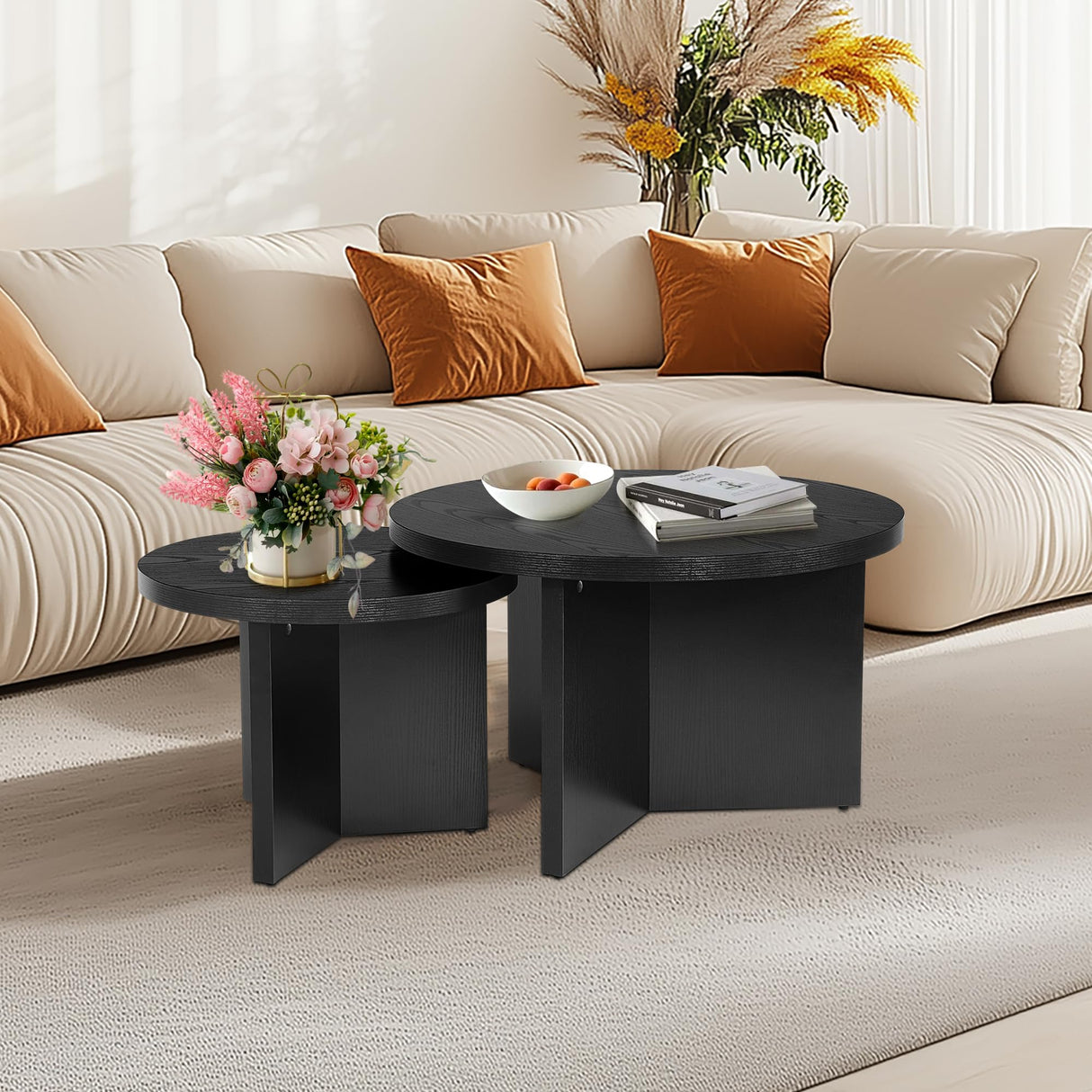 QuicMiou Round Nesting Coffee Table Set of 2, Modern Stacking Table with Wood Grain Finish, End Table Side Tables for Living Room (Black) QuicMiou